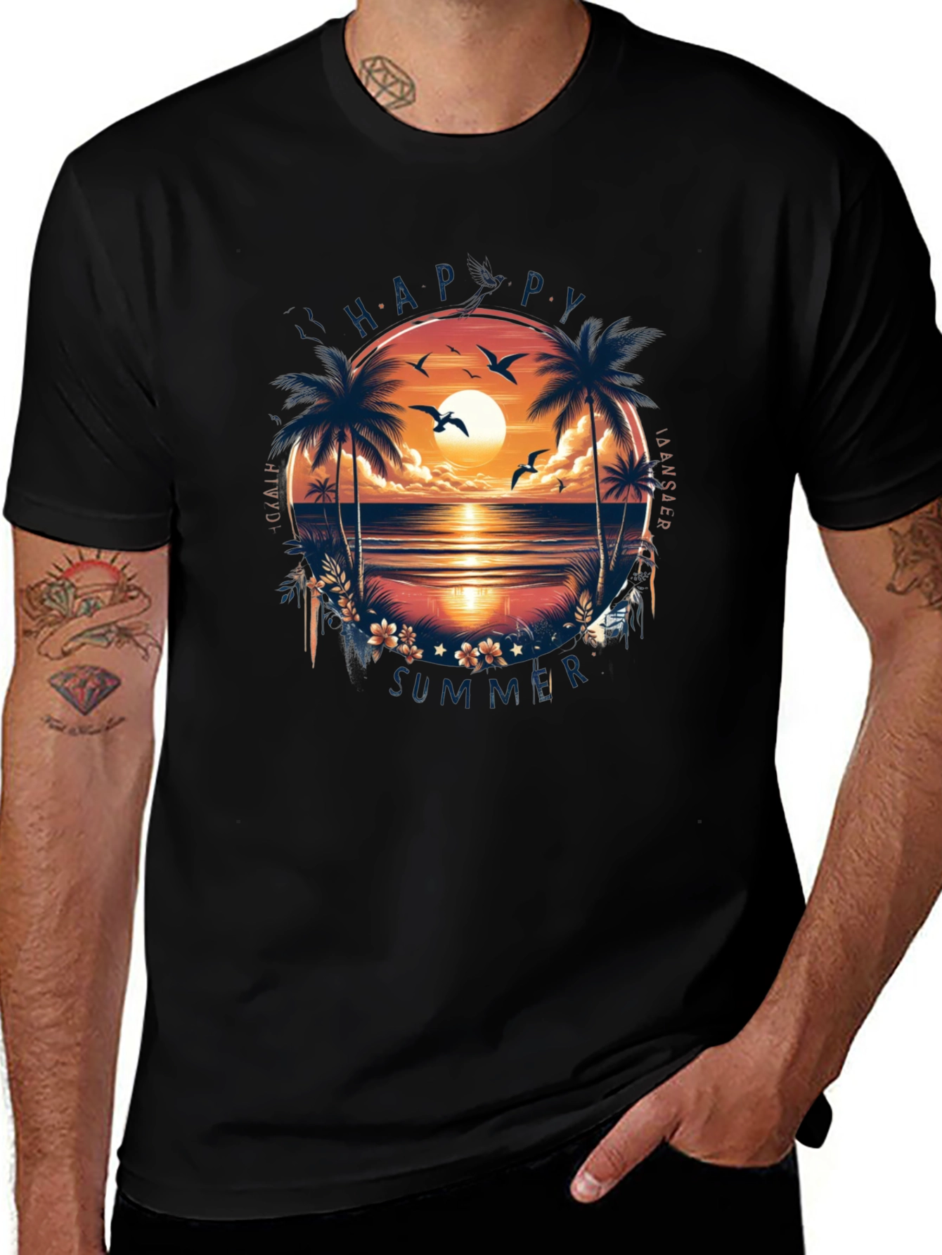 Happy Summer Palm Tree Graphic Black T-Shirt