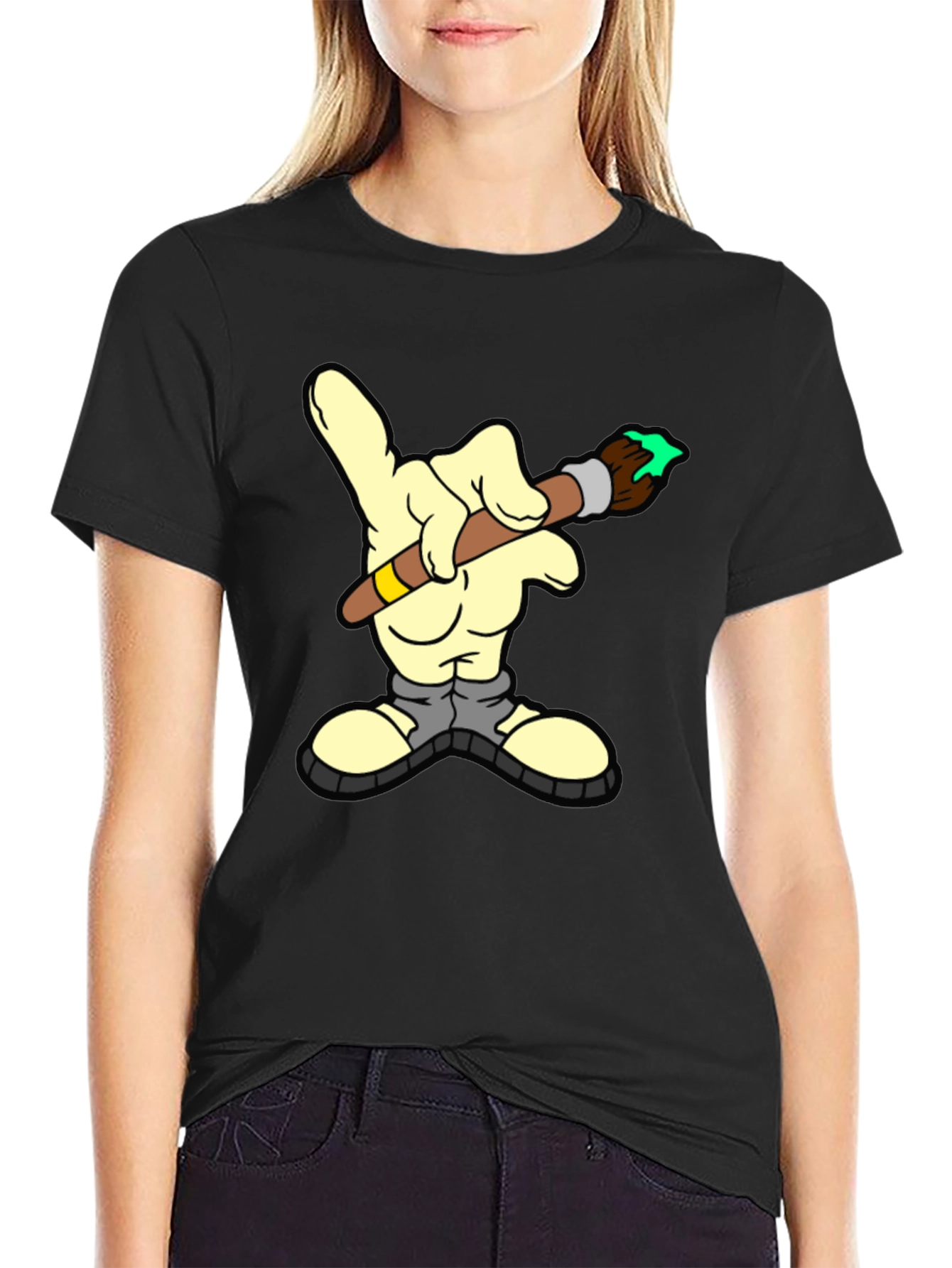 Cartoon Hand Paintbrush Graphic T-Shirt