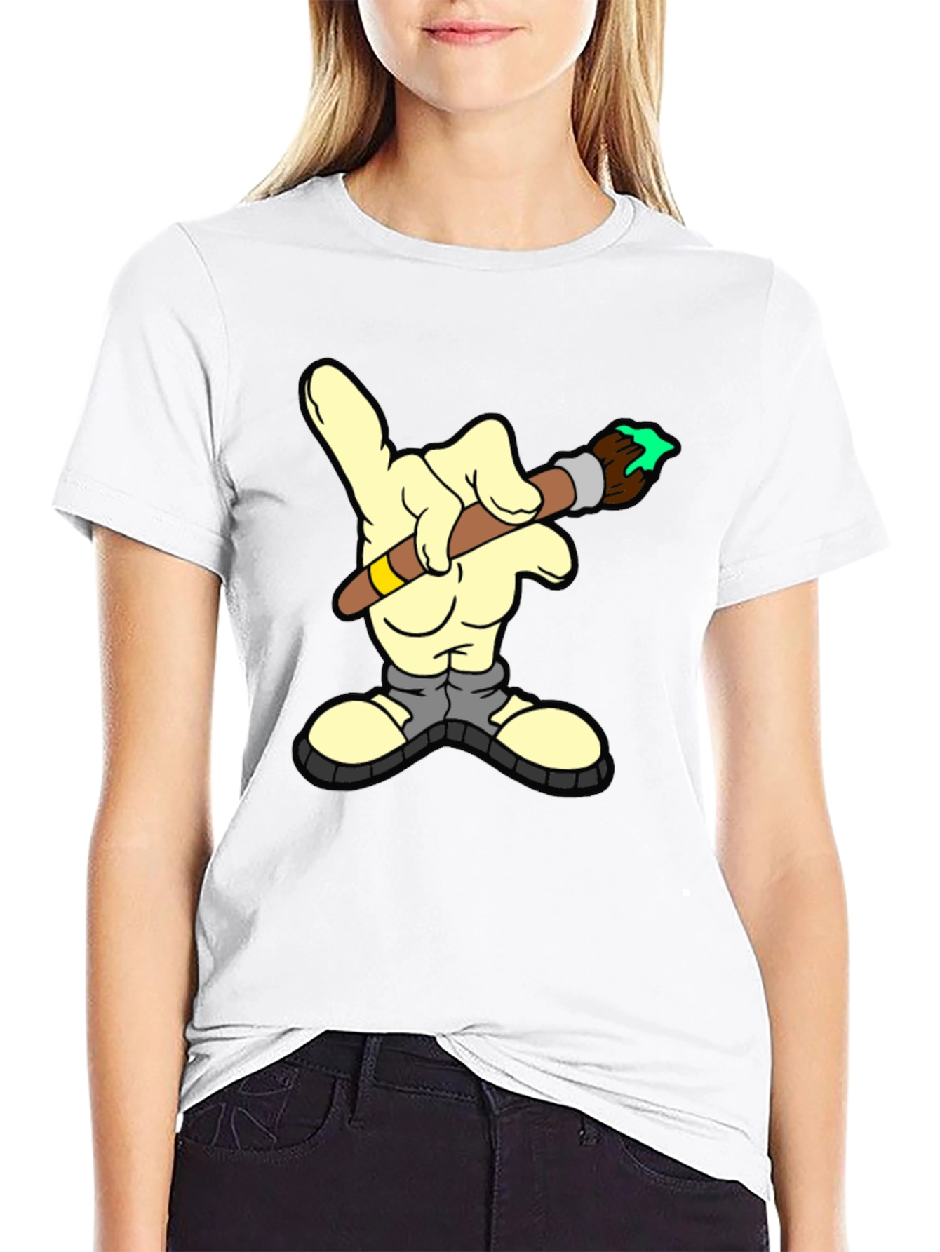 Cartoon Hand Paintbrush Graphic T-Shirt