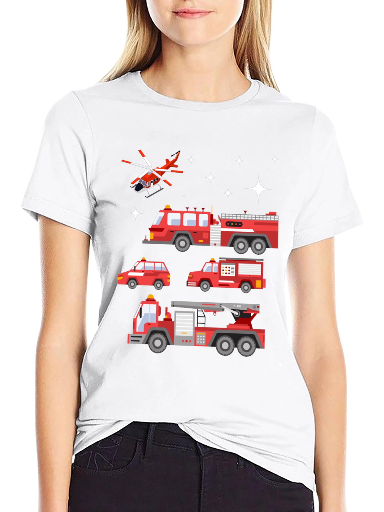Fire Trucks Graphic Tee - Black Cotton T-Shirt