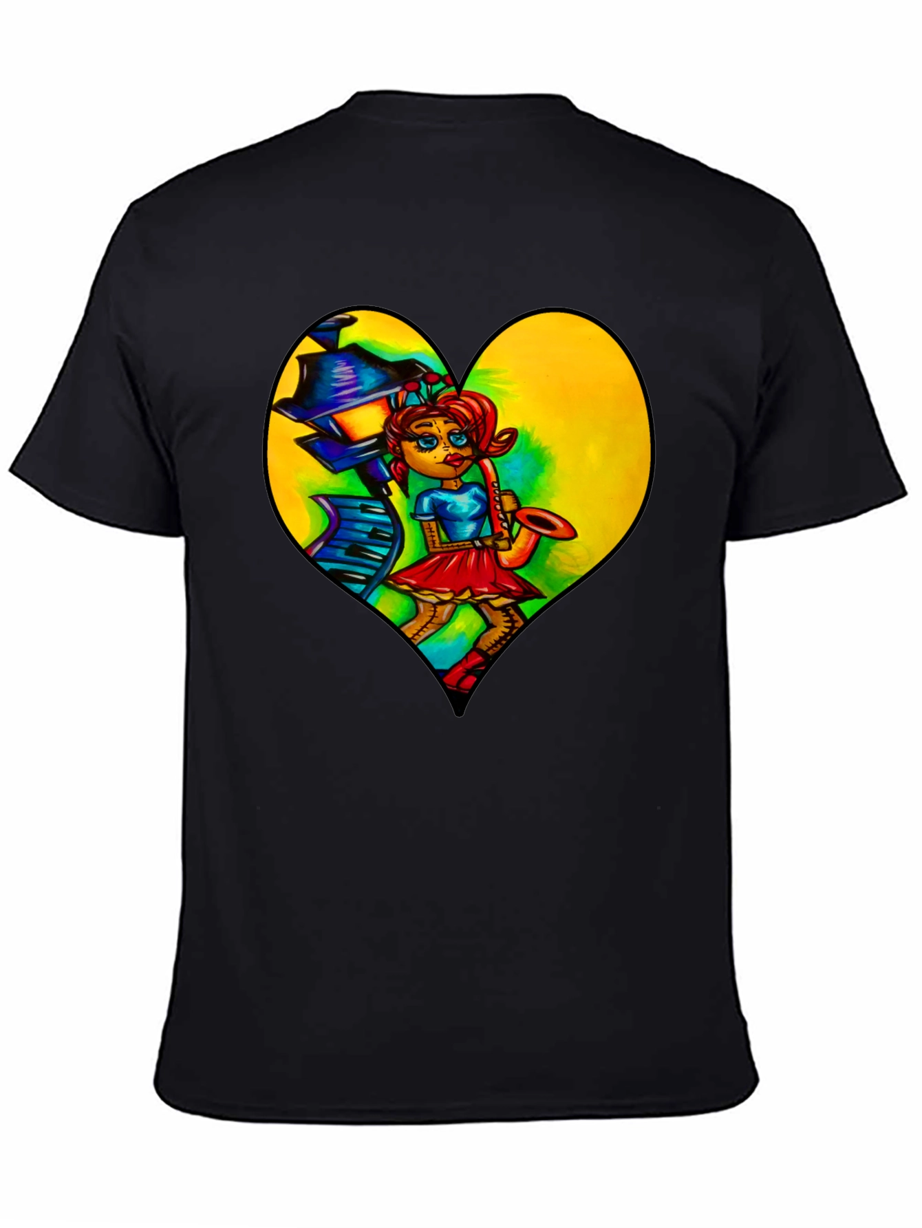 Music Lovers Graphic Tee - Saxophone Player Heart Design