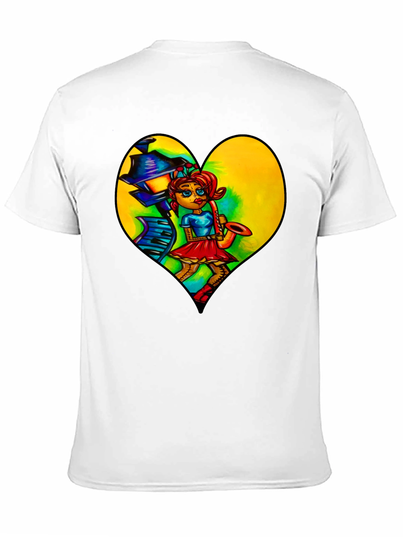 Music Lovers Graphic Tee - Saxophone Player Heart Design