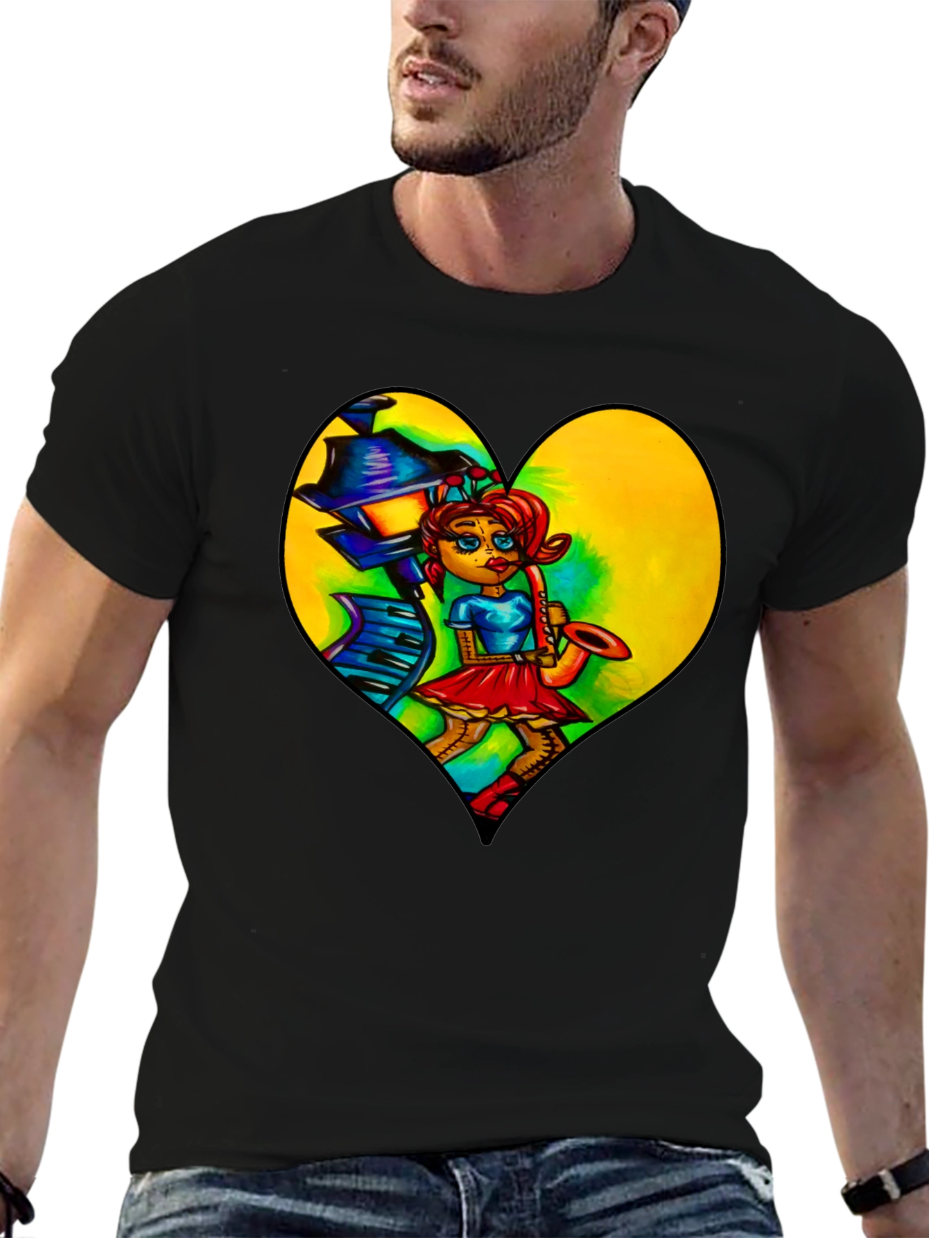 Music Lovers Graphic Tee - Saxophone Player Heart Design