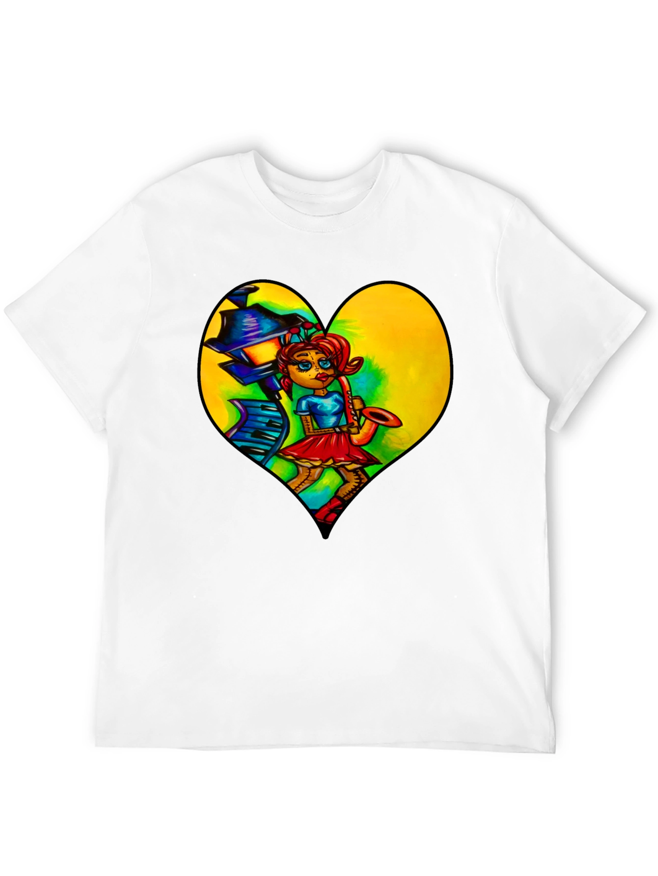 Music Lovers Graphic Tee - Saxophone Player Heart Design