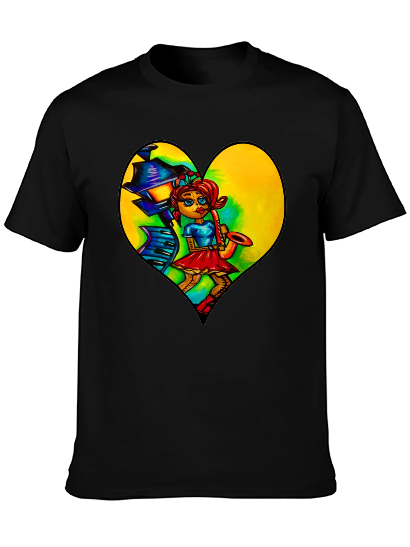 Music Lovers Graphic Tee - Saxophone Player Heart Design