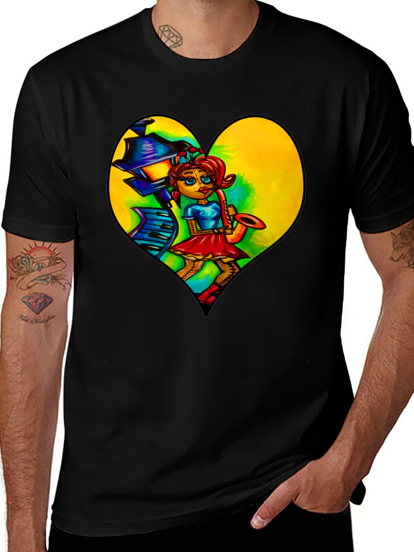 Music Lovers Graphic Tee - Saxophone Player Heart Design