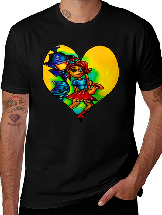 Music Lovers Graphic Tee - Saxophone Player Heart Design