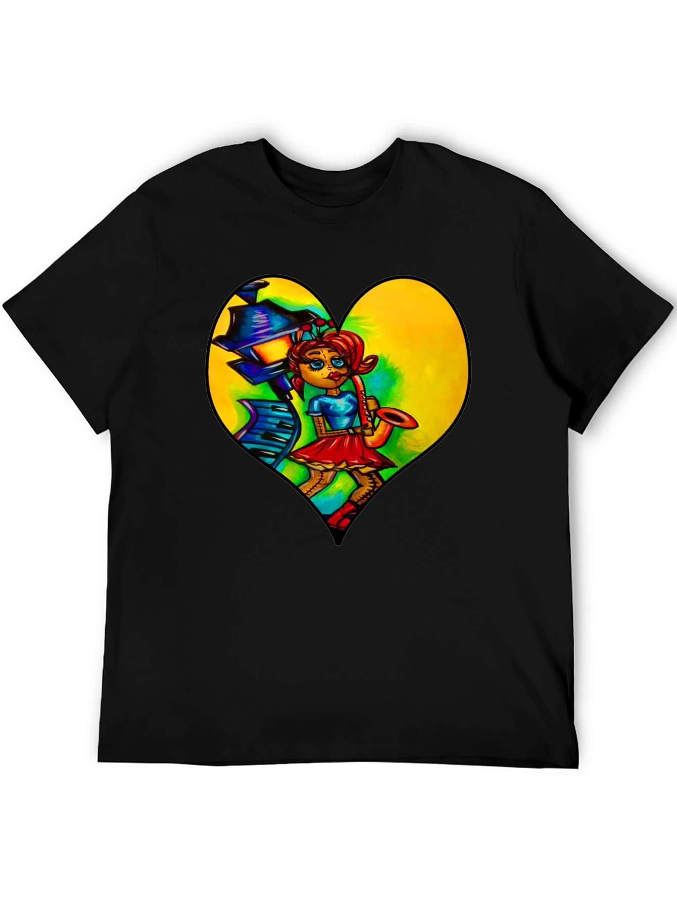 Music Lovers Graphic Tee - Saxophone Player Heart Design