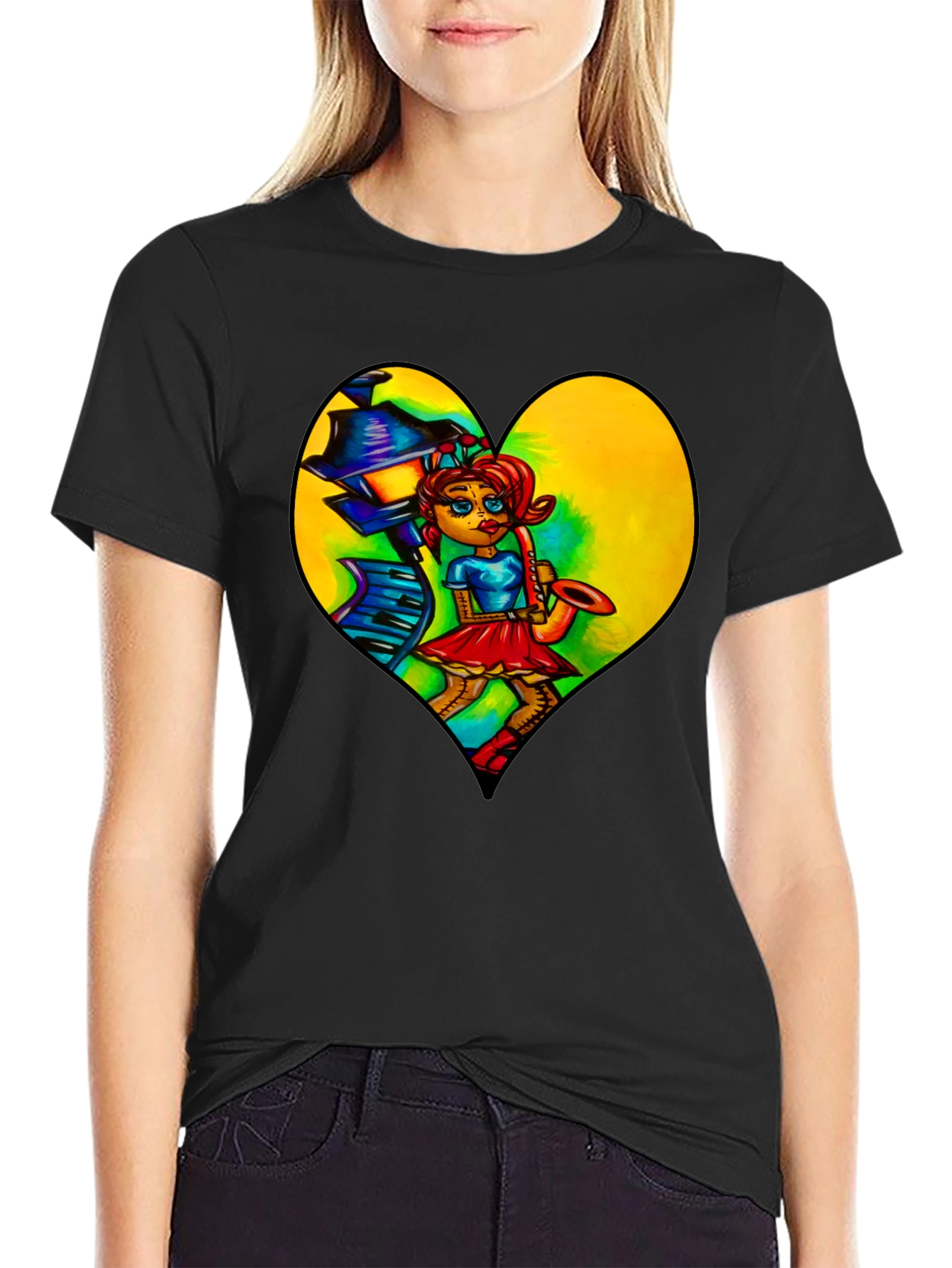 Music Lovers Graphic Tee - Saxophone Player Heart Design