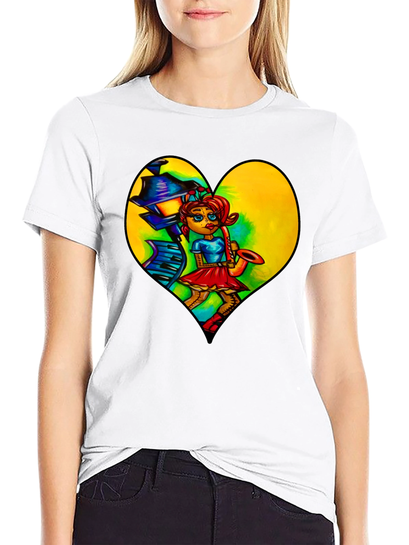 Music Lovers Graphic Tee - Saxophone Player Heart Design