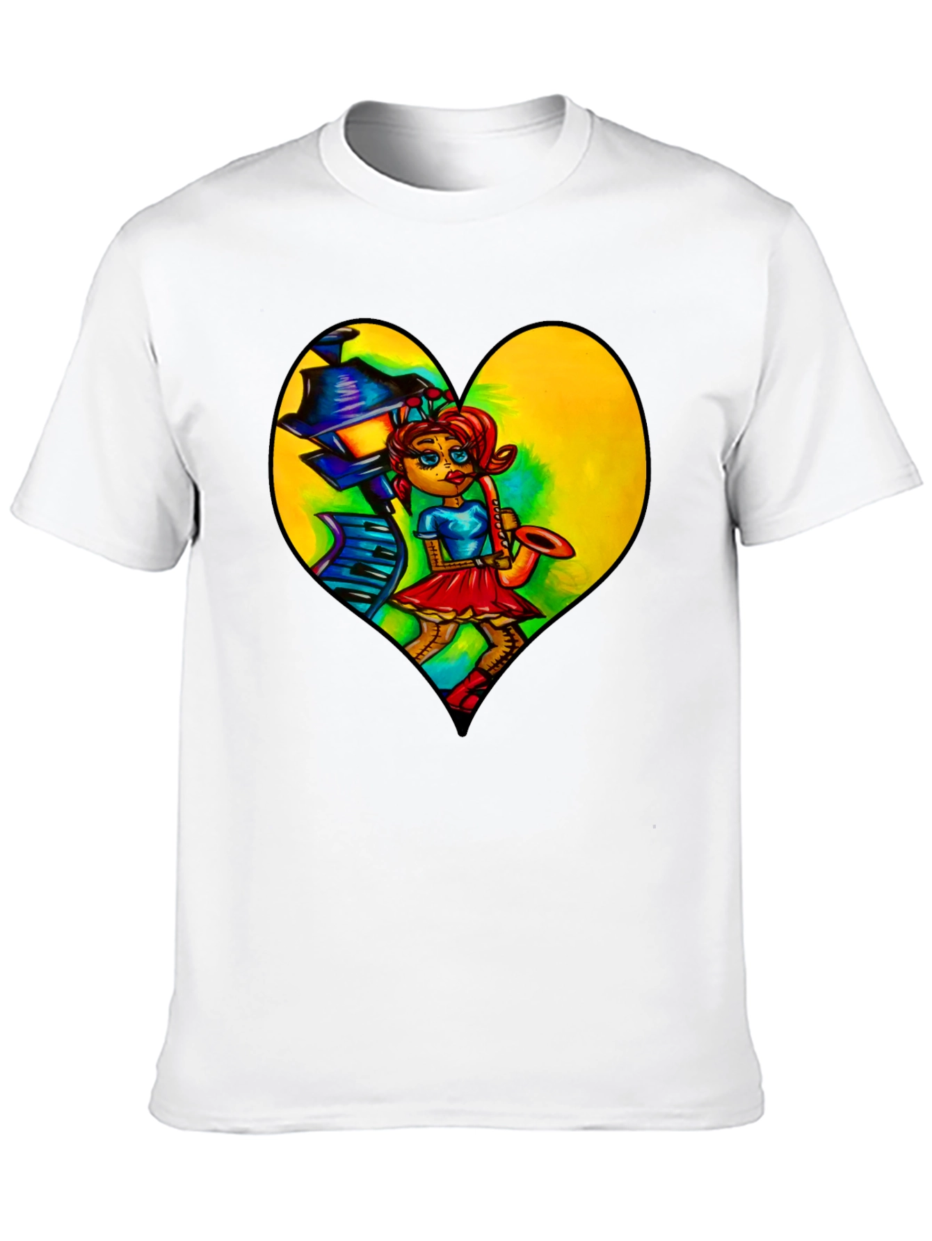 Music Lovers Graphic Tee - Saxophone Player Heart Design