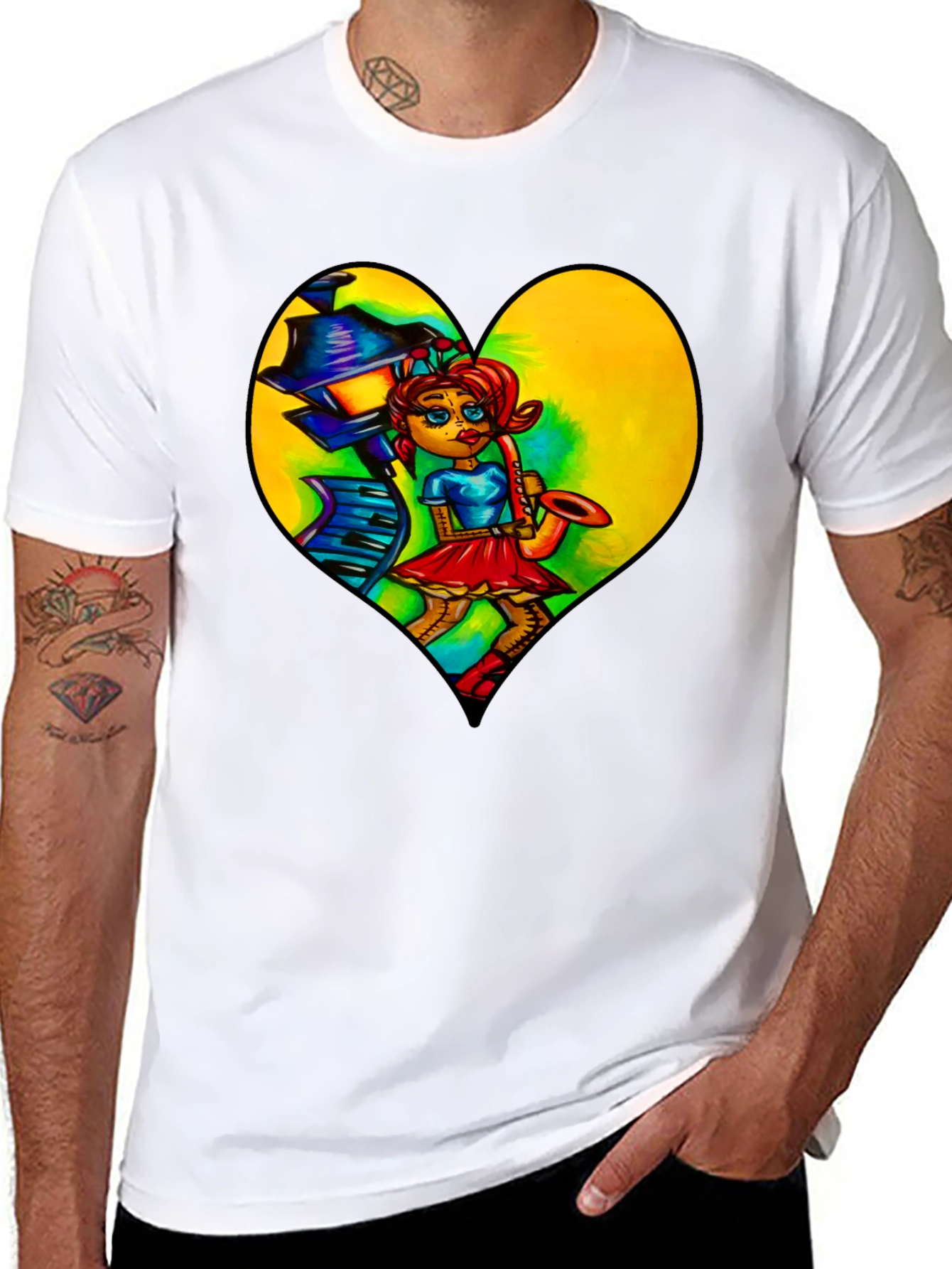 Music Lovers Graphic Tee - Saxophone Player Heart Design