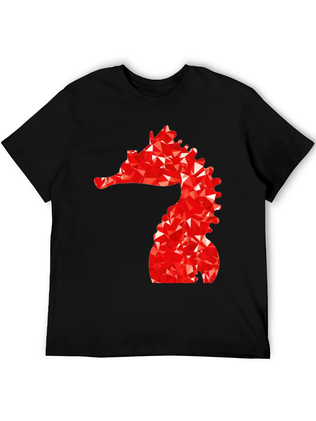 Mens Black Tee with Red Geometric Seahorse