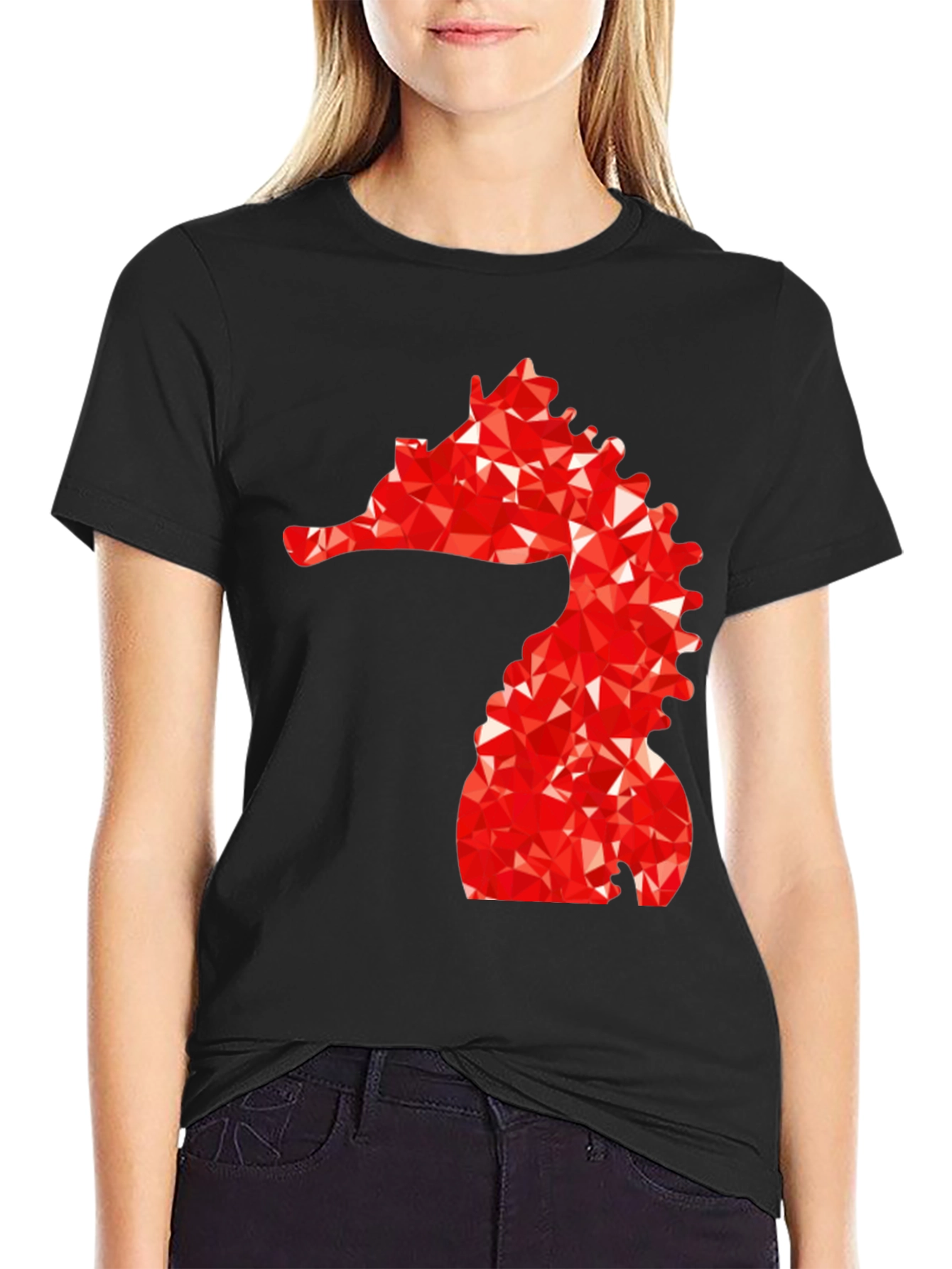 Mens Black Tee with Red Geometric Seahorse