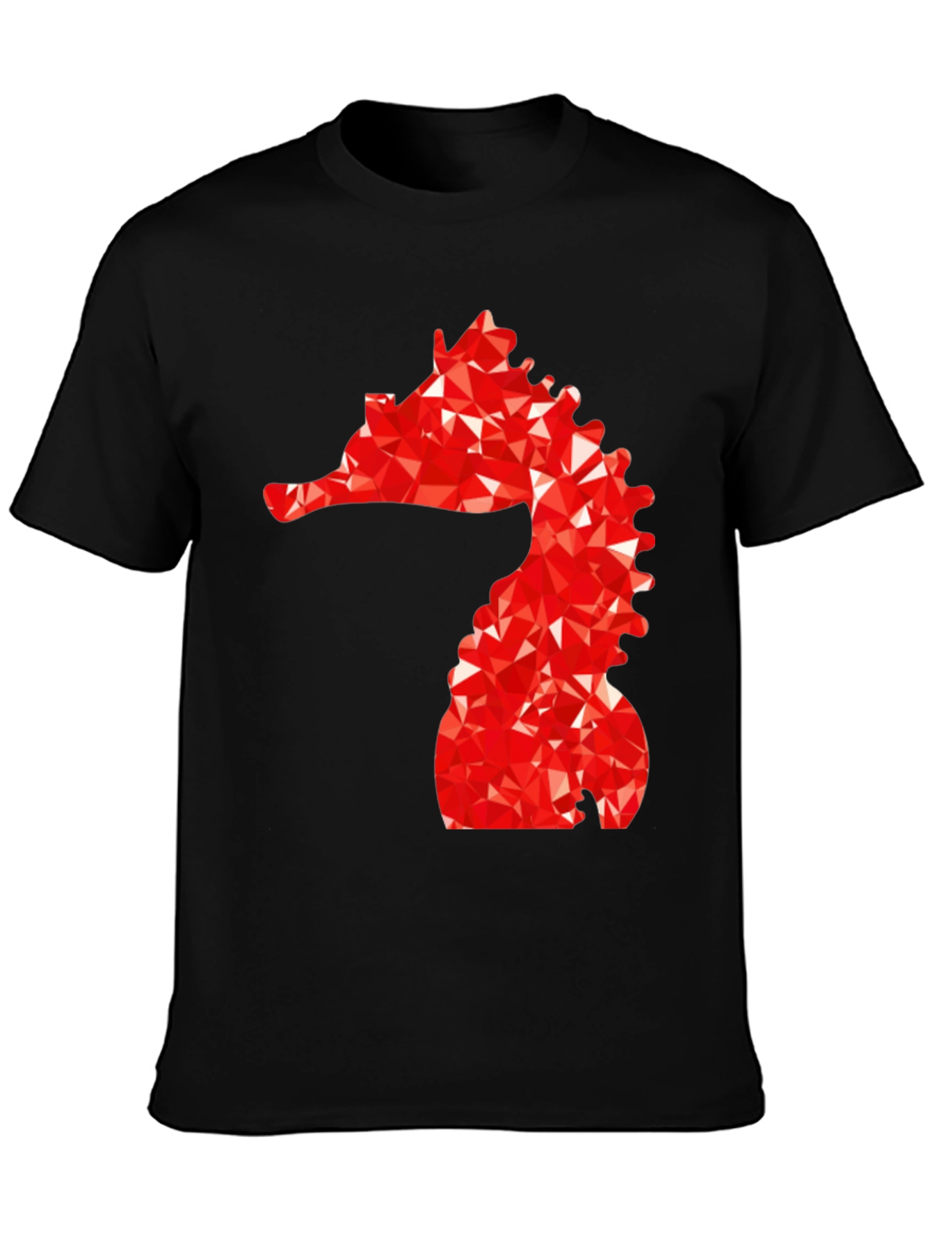 Mens Black Tee with Red Geometric Seahorse