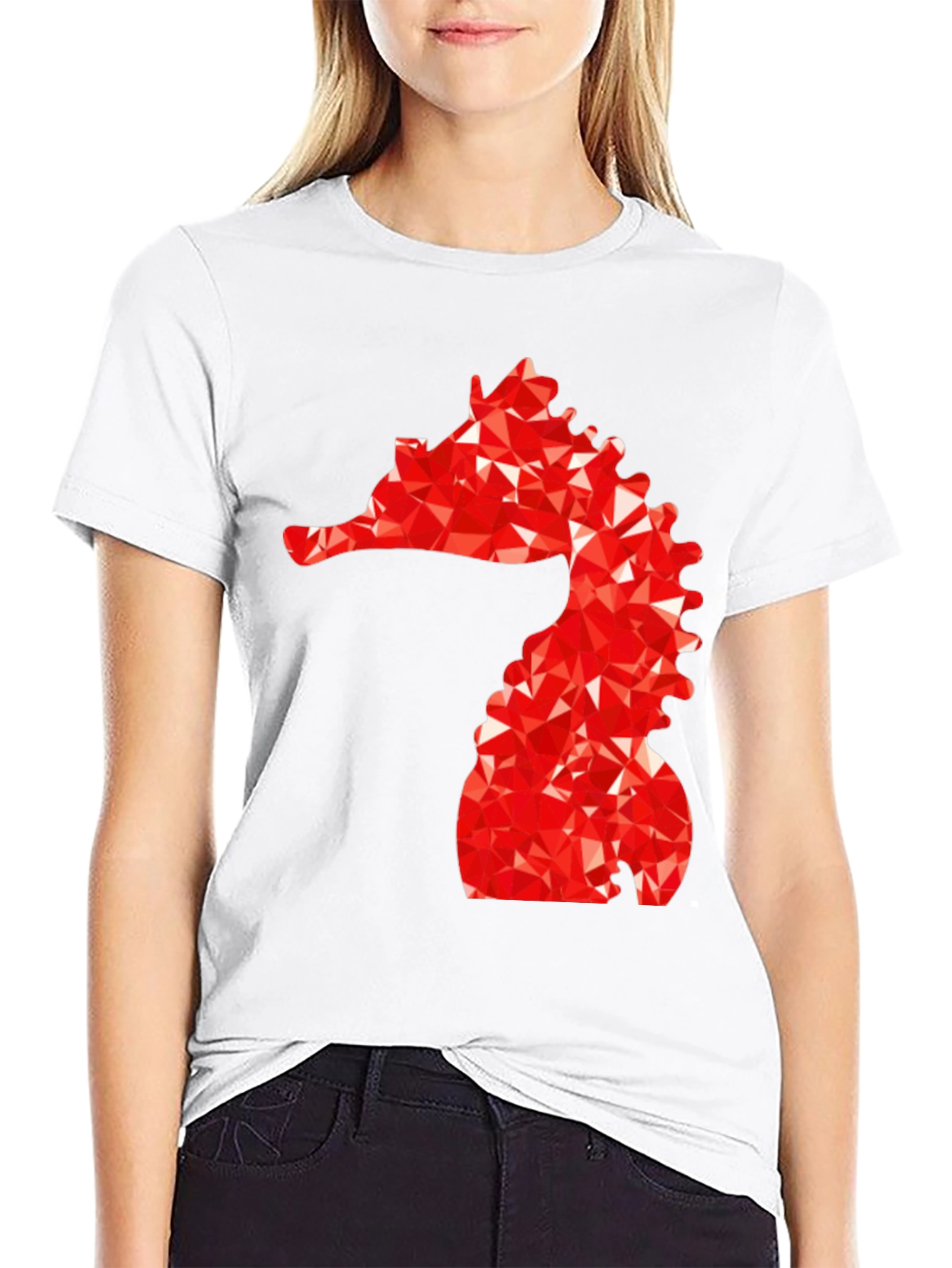 Mens Black Tee with Red Geometric Seahorse