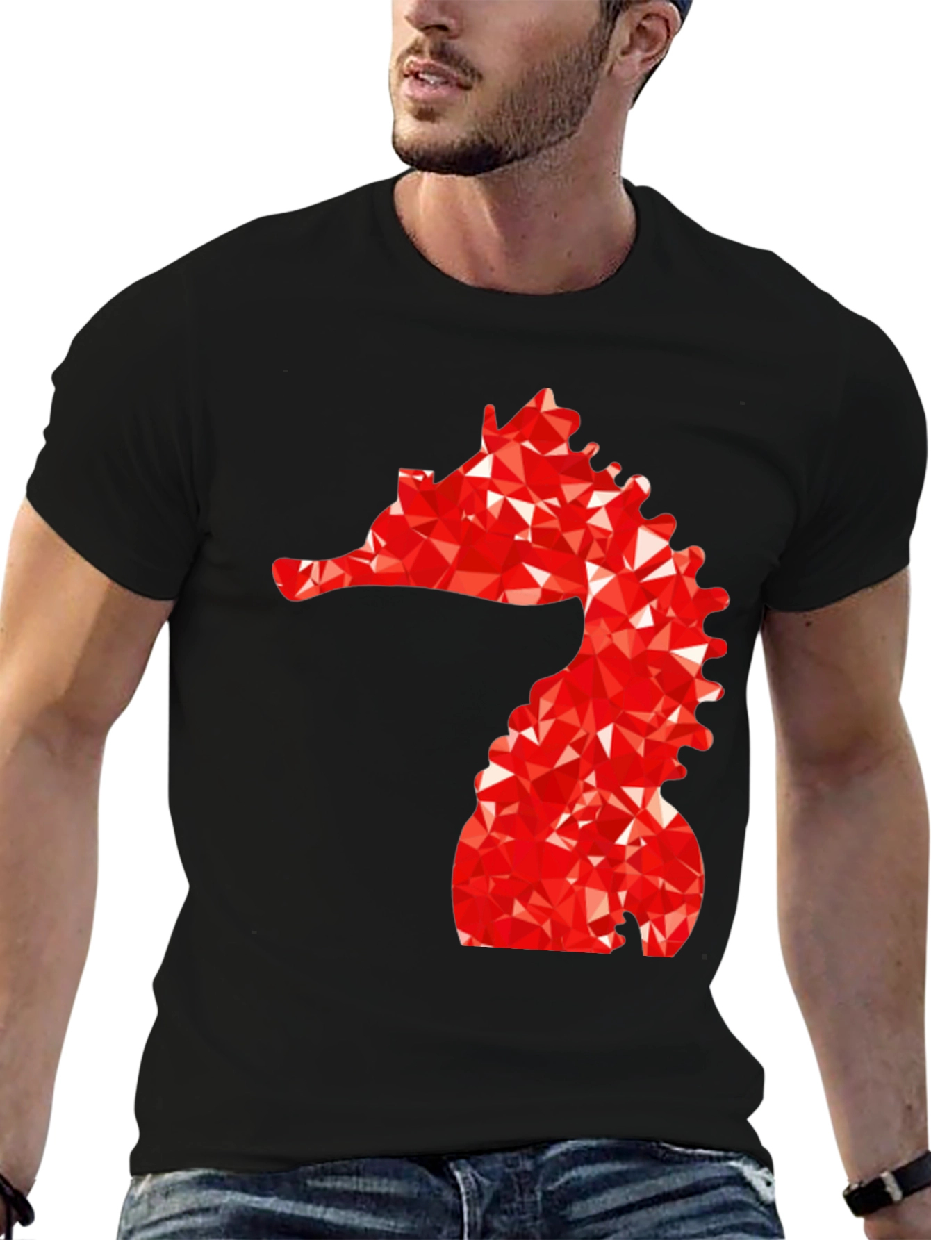 Mens Black Tee with Red Geometric Seahorse