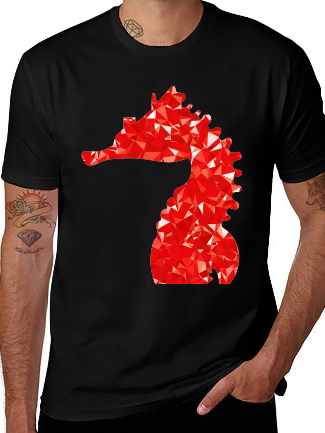 Mens Black Tee with Red Geometric Seahorse