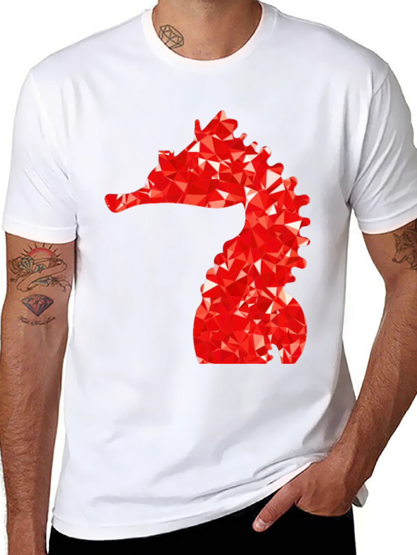 Mens Black Tee with Red Geometric Seahorse