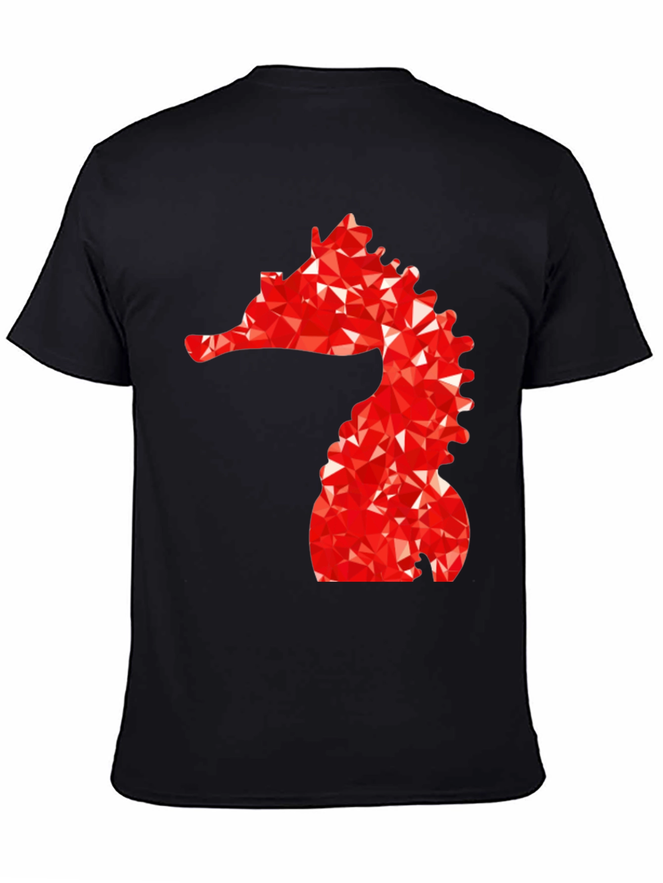 Mens Black Tee with Red Geometric Seahorse
