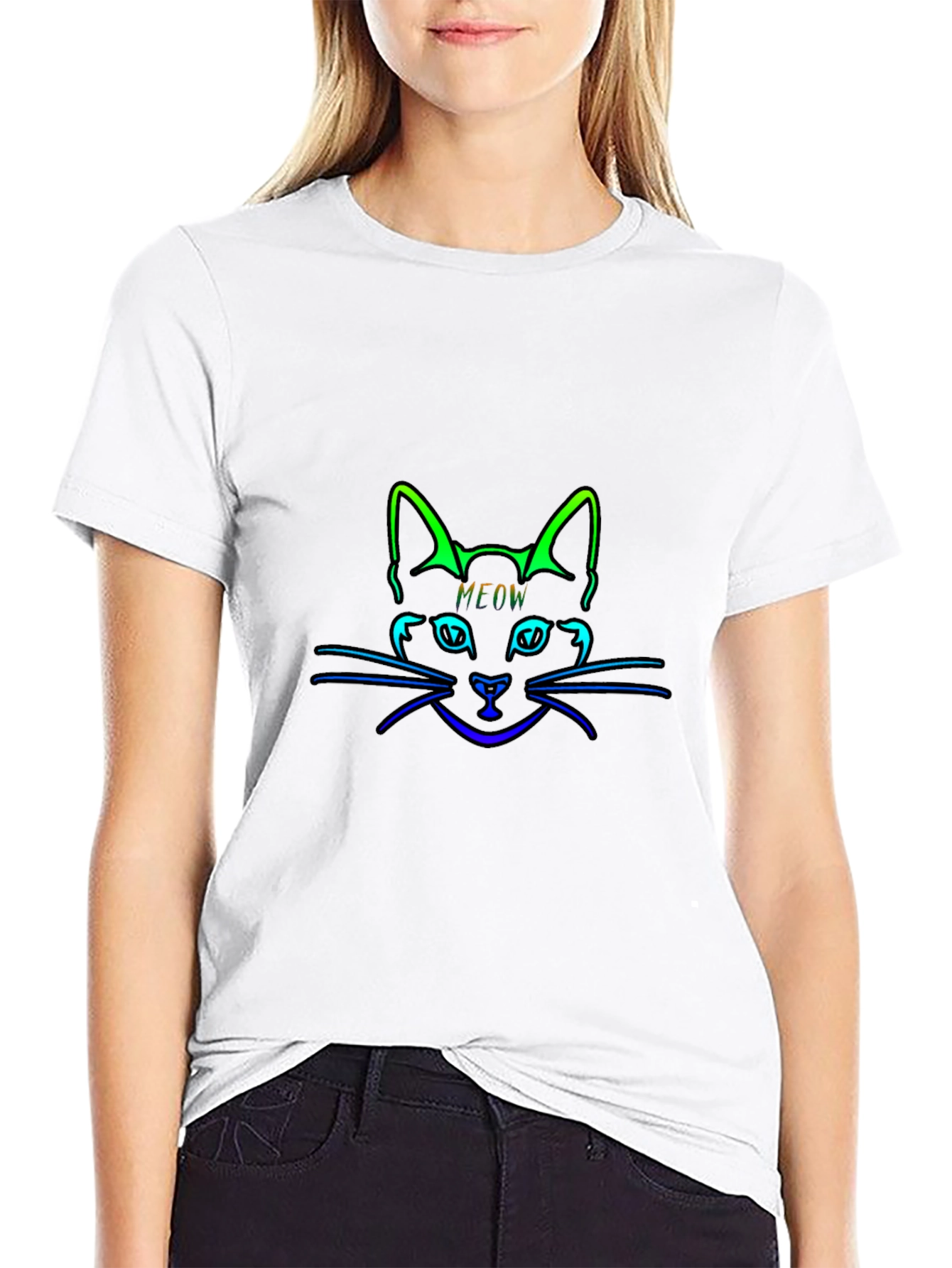 Neon Cat Meow Black T-Shirt