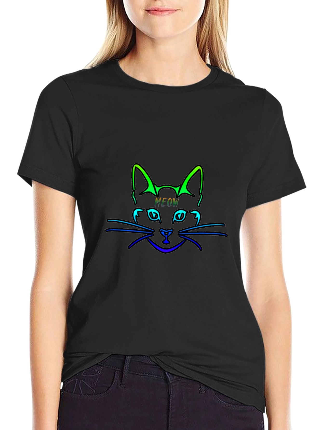 Neon Cat Meow Black T-Shirt