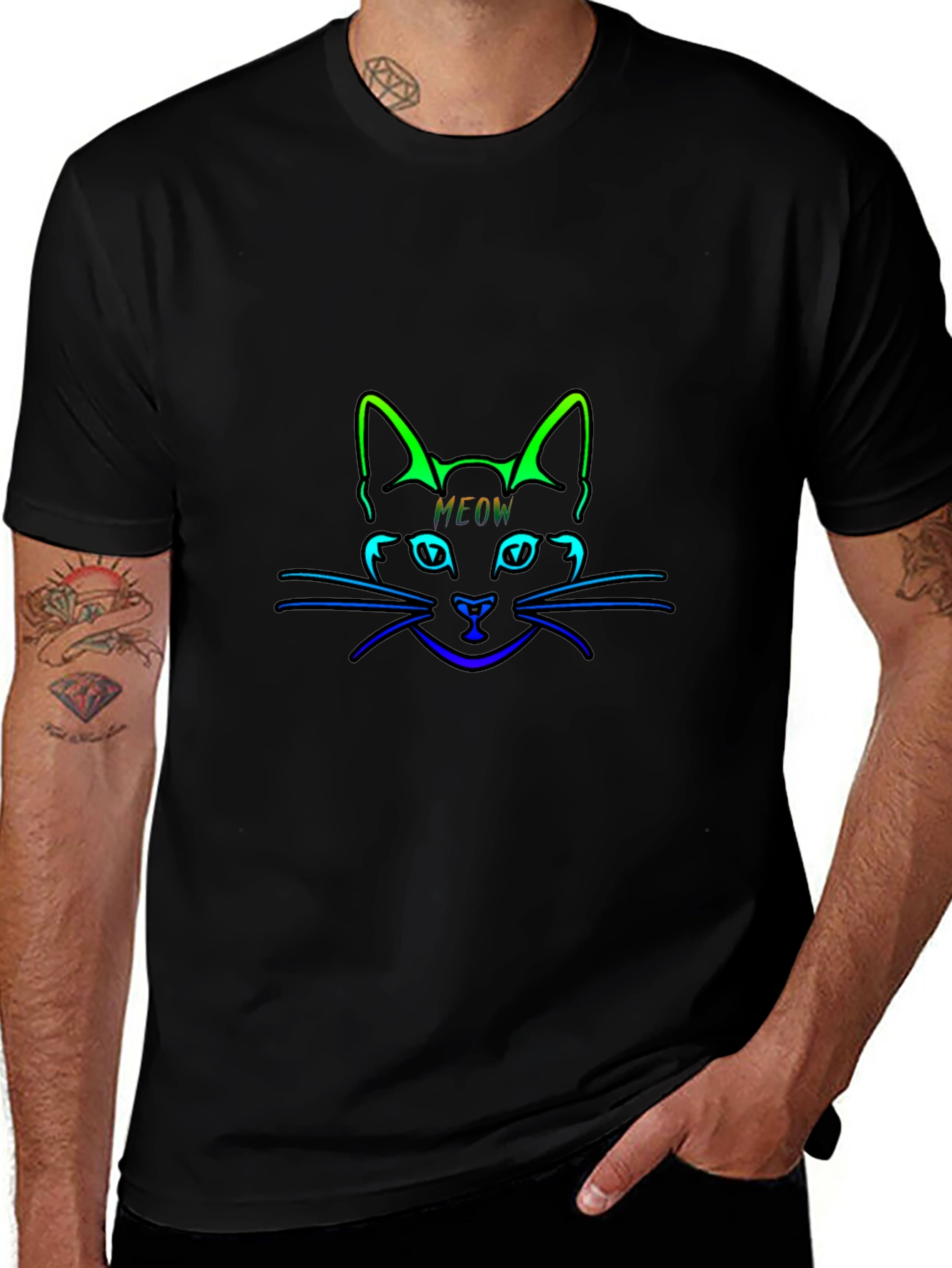 Neon Cat Meow Black T-Shirt
