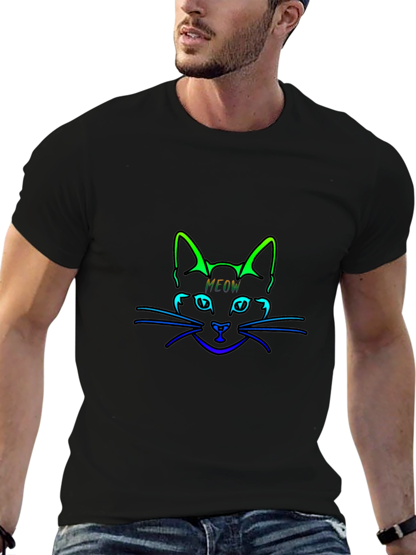 Neon Cat Meow Black T-Shirt