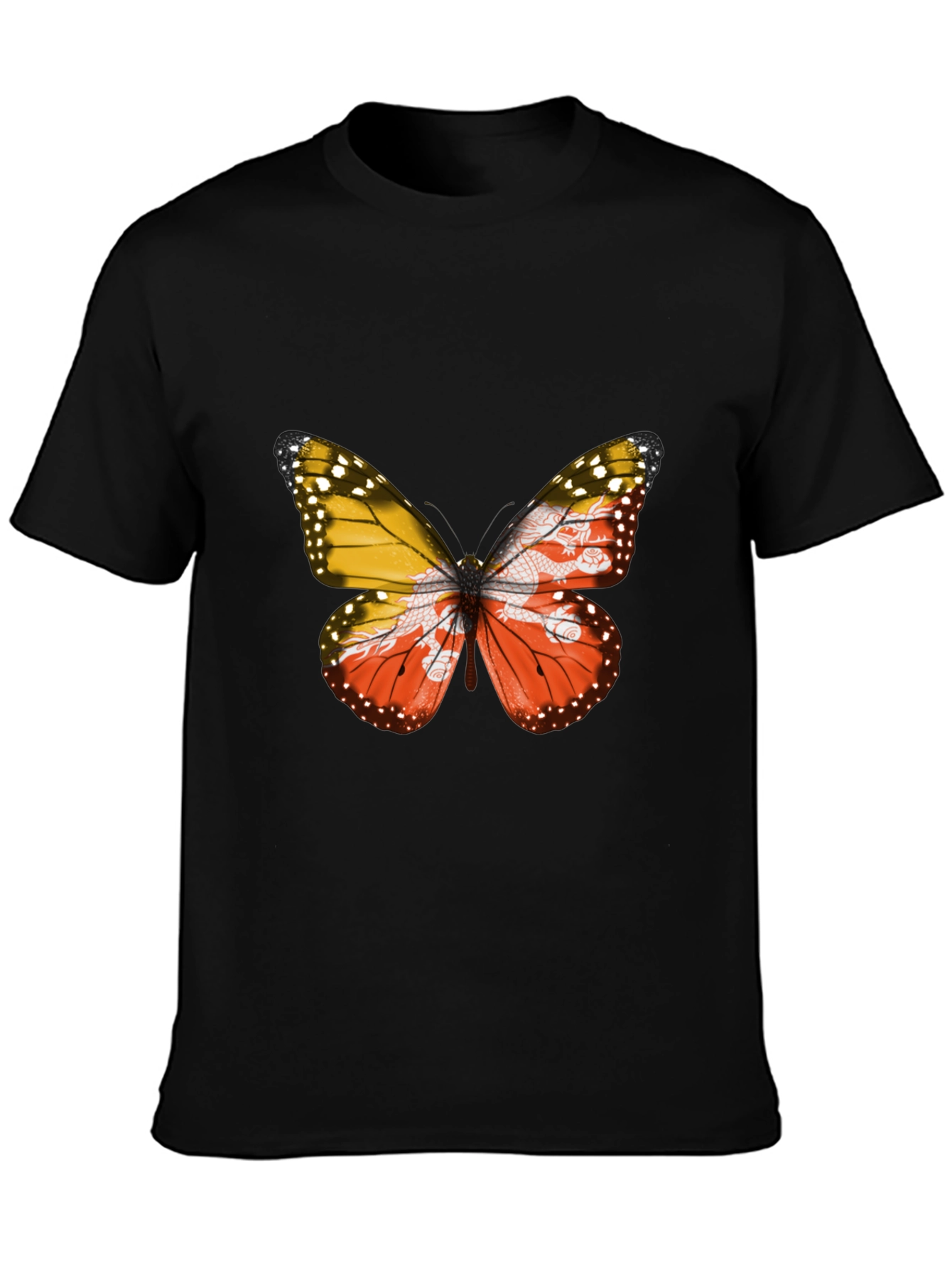 Bhutan Flag Butterfly Black T-Shirt - Unique Graphic Tee