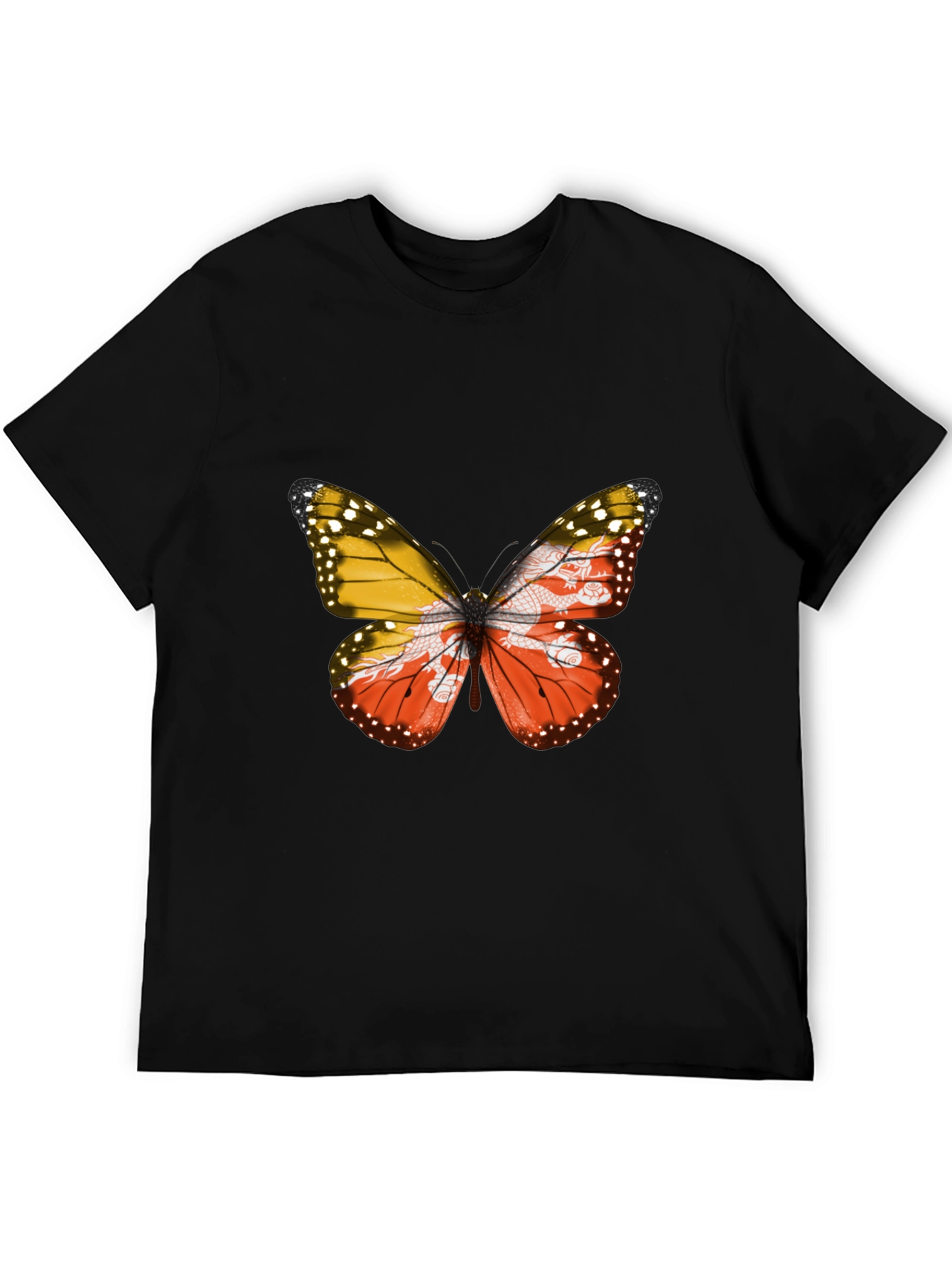 Bhutan Flag Butterfly Black T-Shirt - Unique Graphic Tee