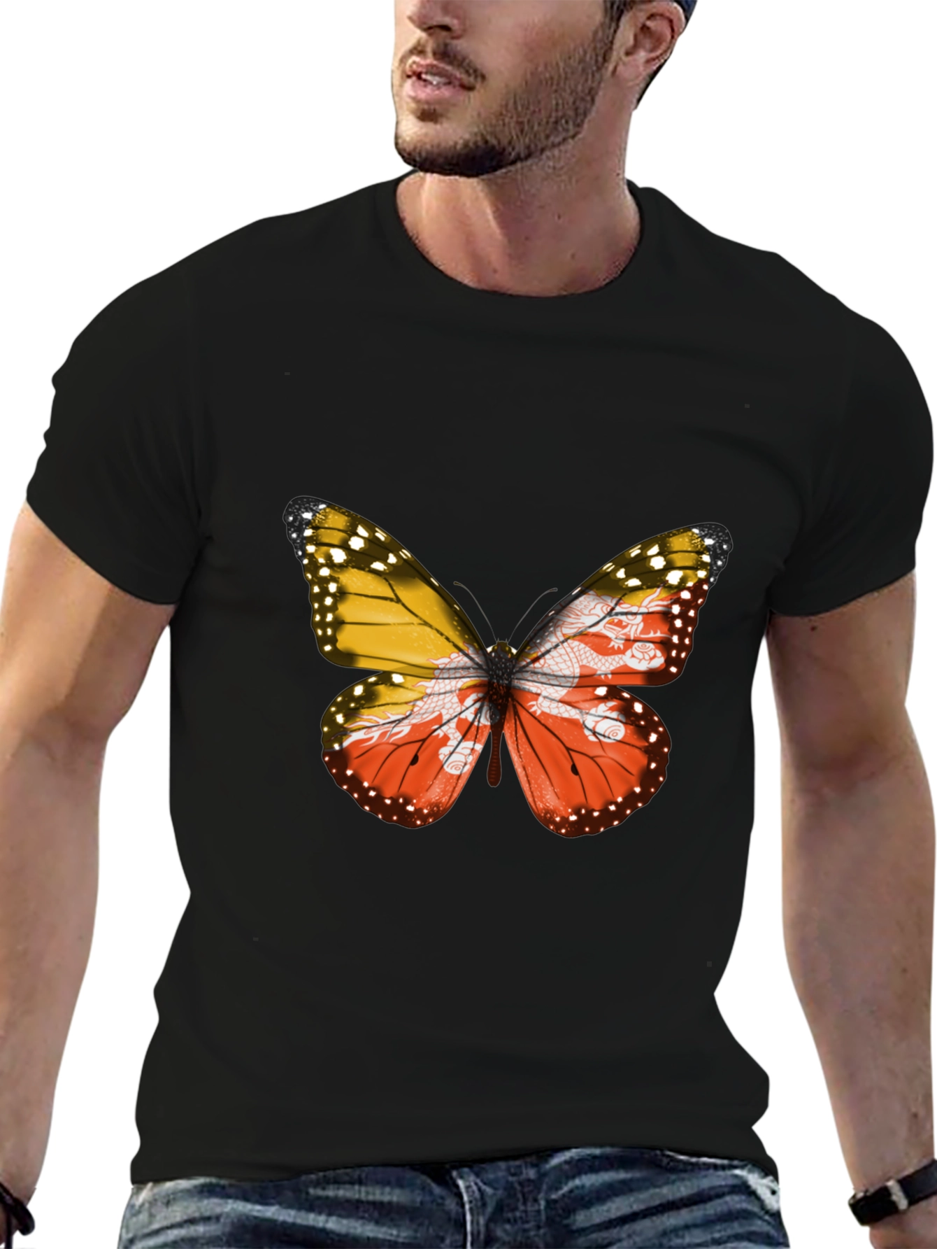 Bhutan Flag Butterfly Black T-Shirt - Unique Graphic Tee
