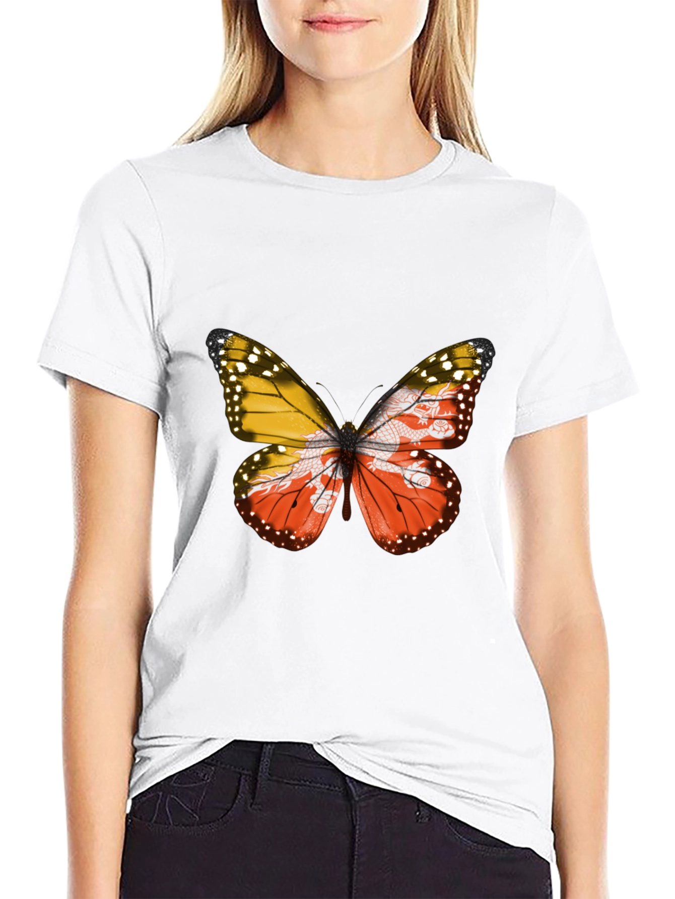 Bhutan Flag Butterfly Black T-Shirt - Unique Graphic Tee