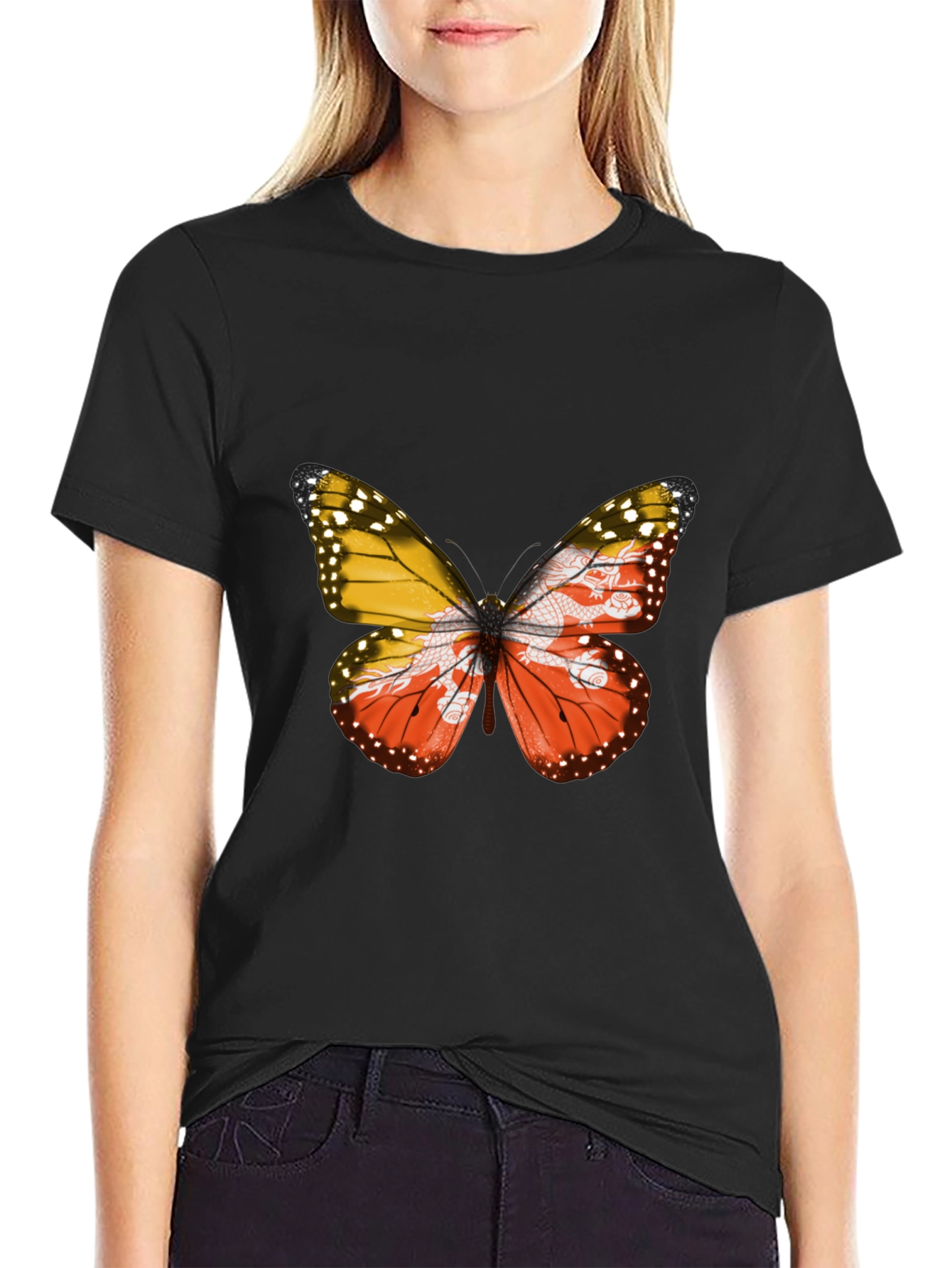 Bhutan Flag Butterfly Black T-Shirt - Unique Graphic Tee