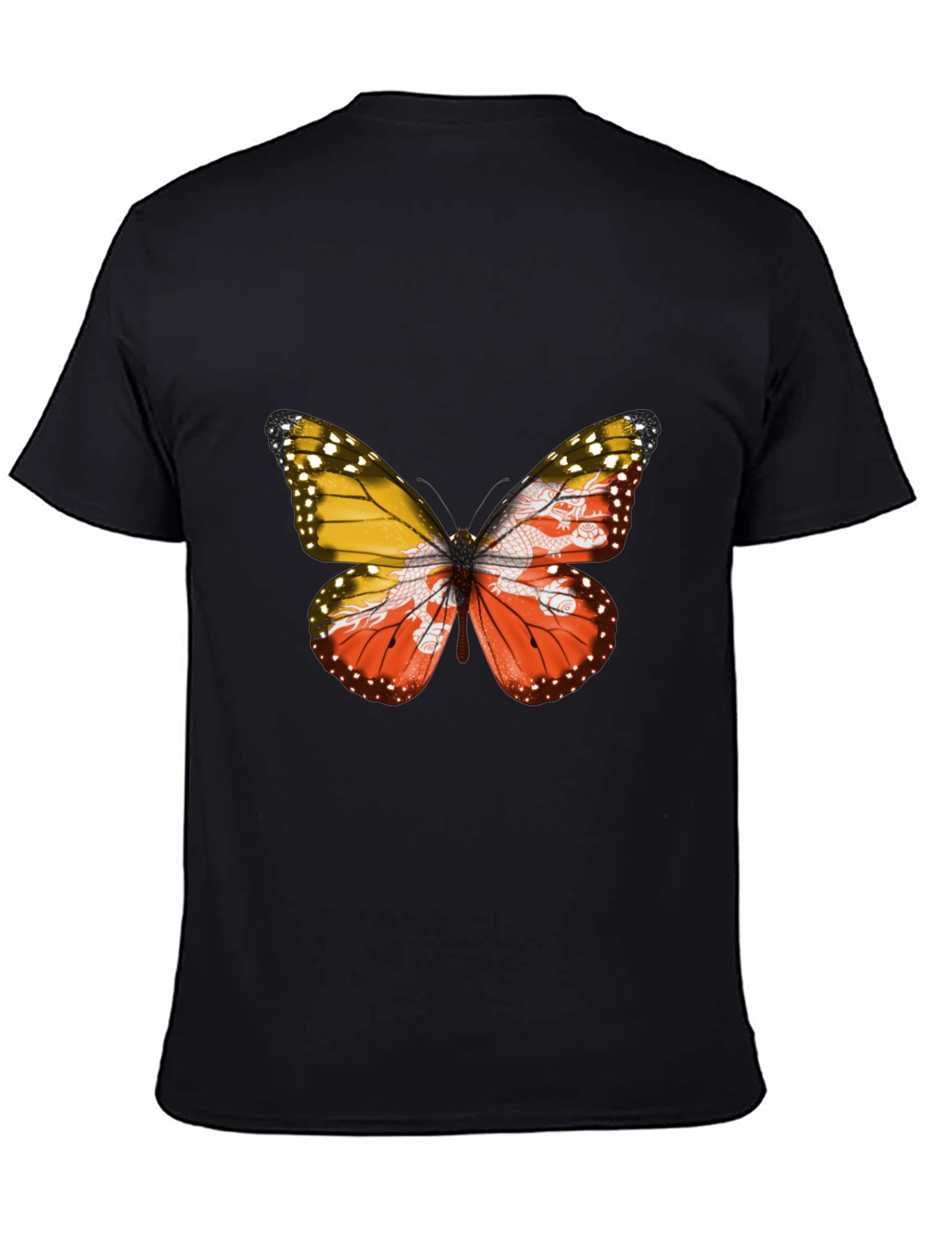 Bhutan Flag Butterfly Black T-Shirt - Unique Graphic Tee