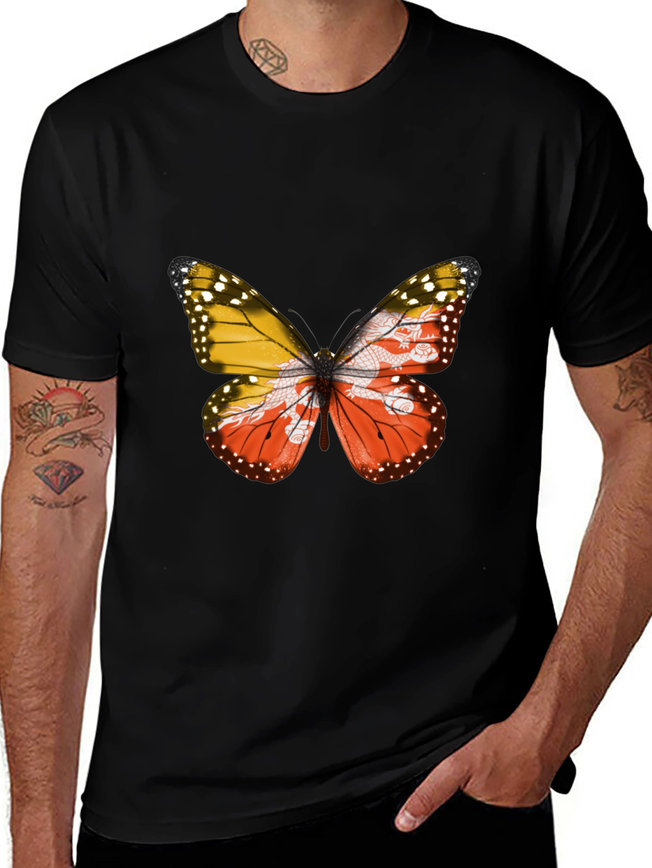 Bhutan Flag Butterfly Black T-Shirt - Unique Graphic Tee