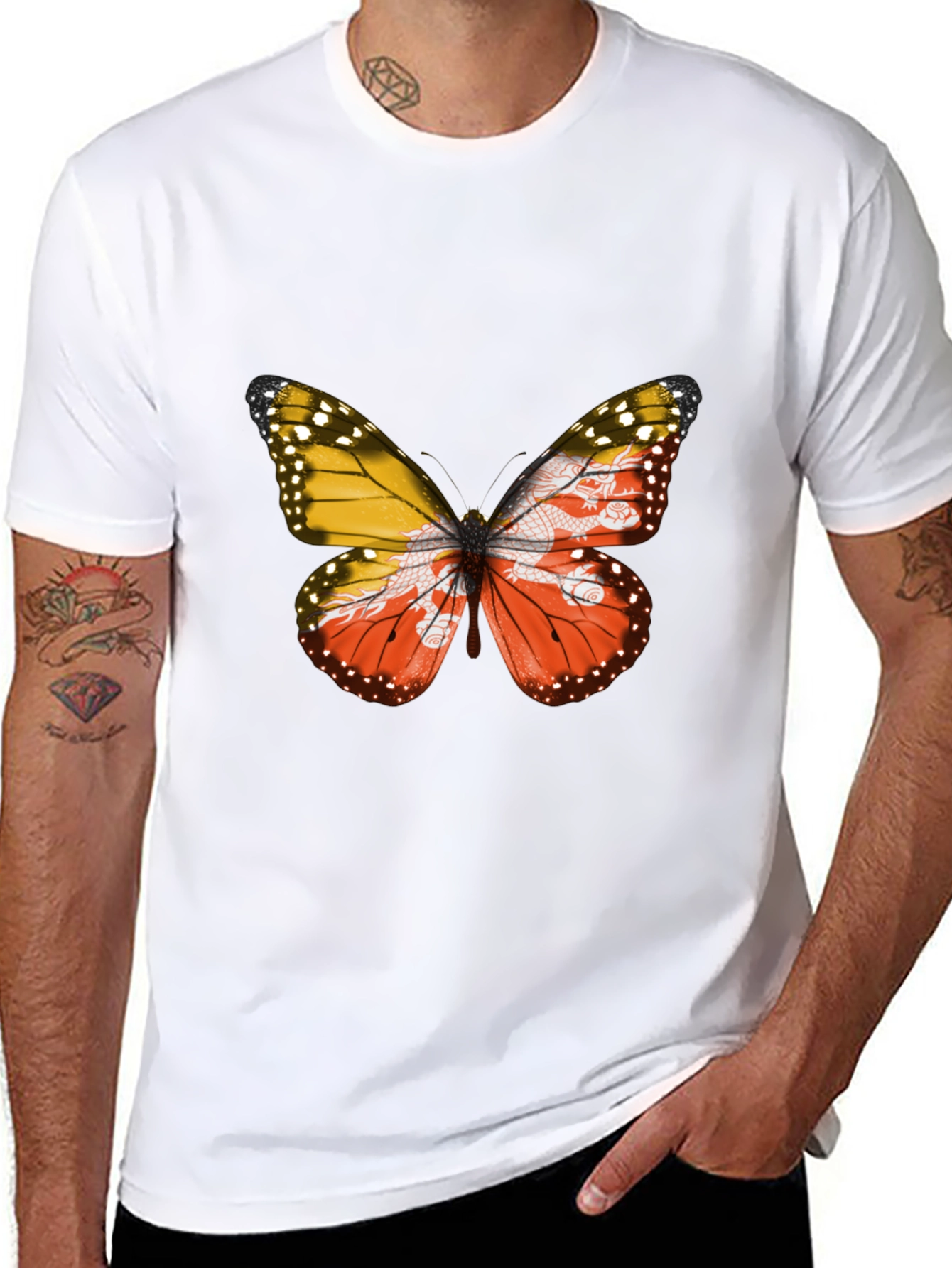 Bhutan Flag Butterfly Black T-Shirt - Unique Graphic Tee