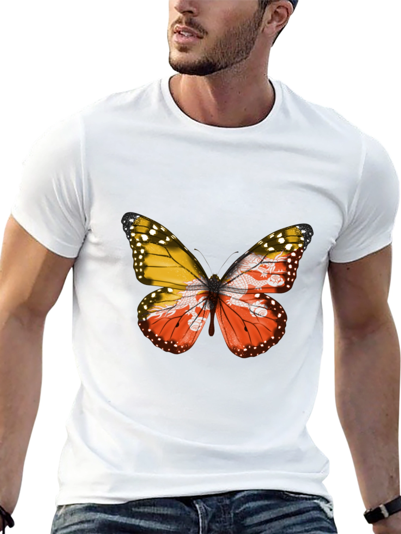 Bhutan Flag Butterfly Black T-Shirt - Unique Graphic Tee