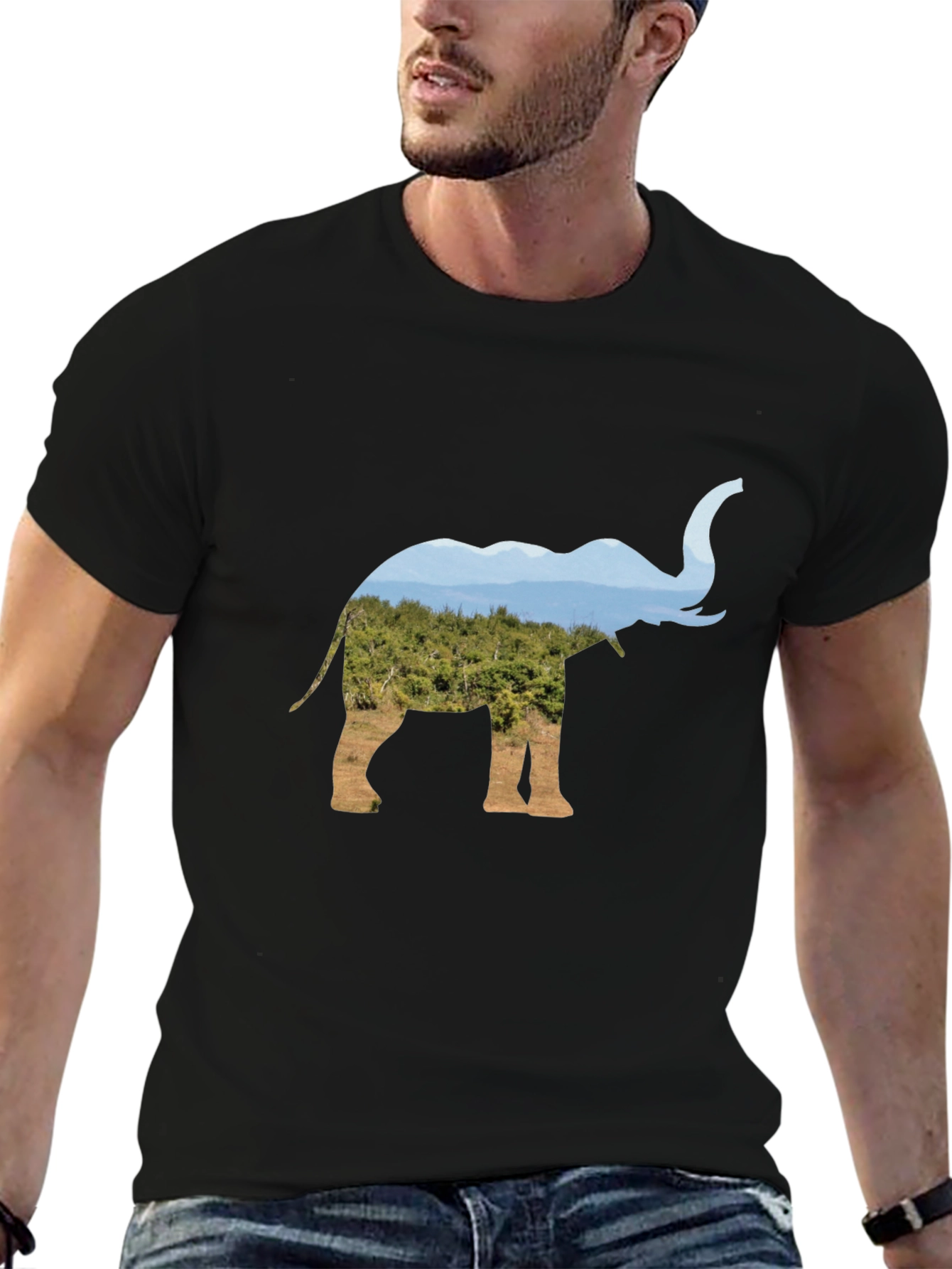 Elephant Silhouette Nature Print Black T-Shirt