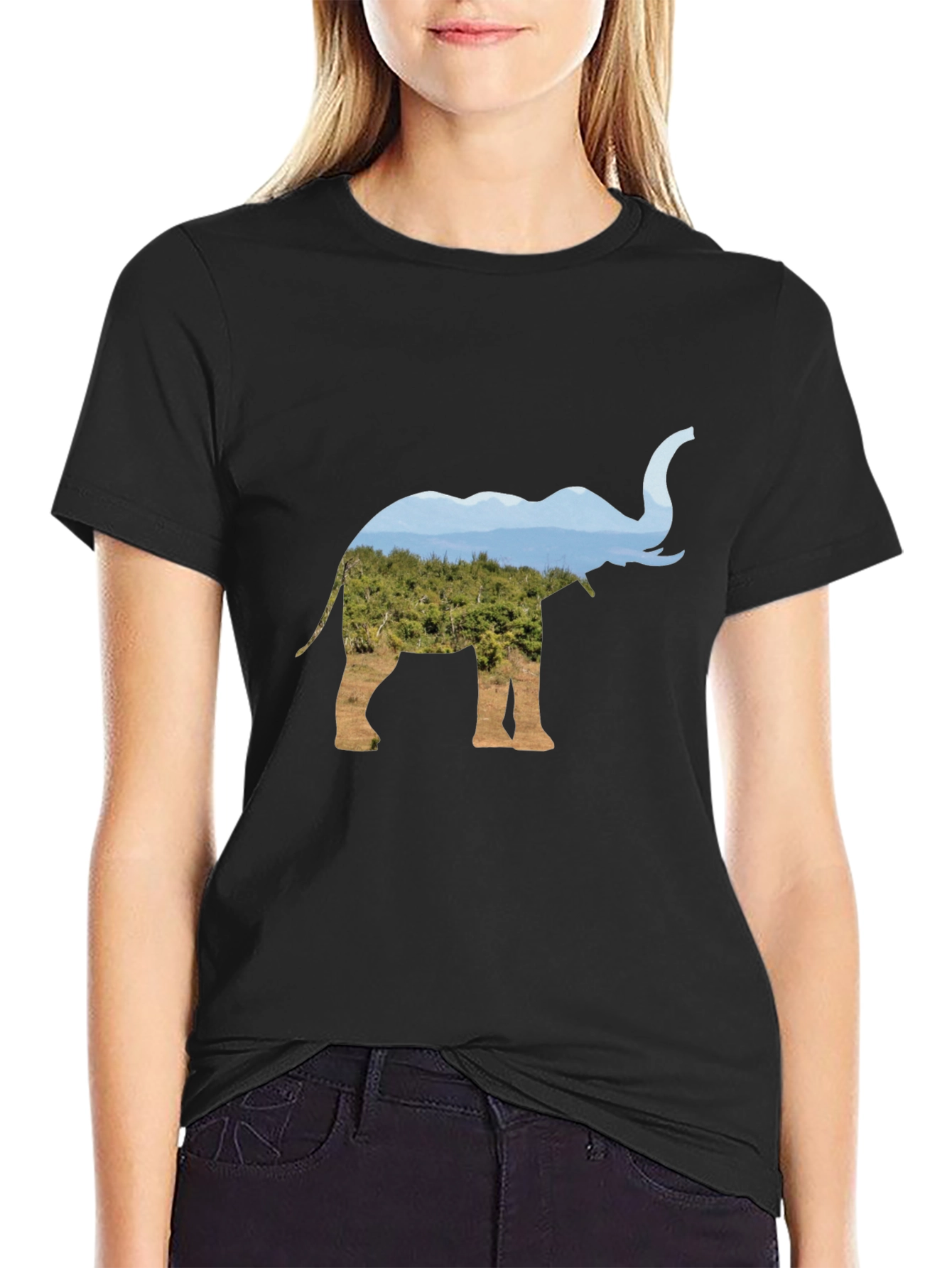 Elephant Silhouette Nature Print Black T-Shirt