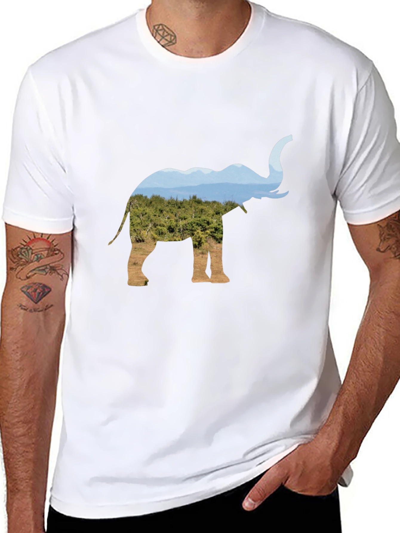 Elephant Silhouette Nature Print Black T-Shirt