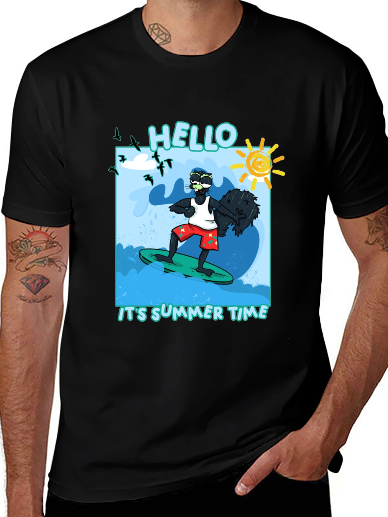 Summer Time Surfing Black T-Shirt