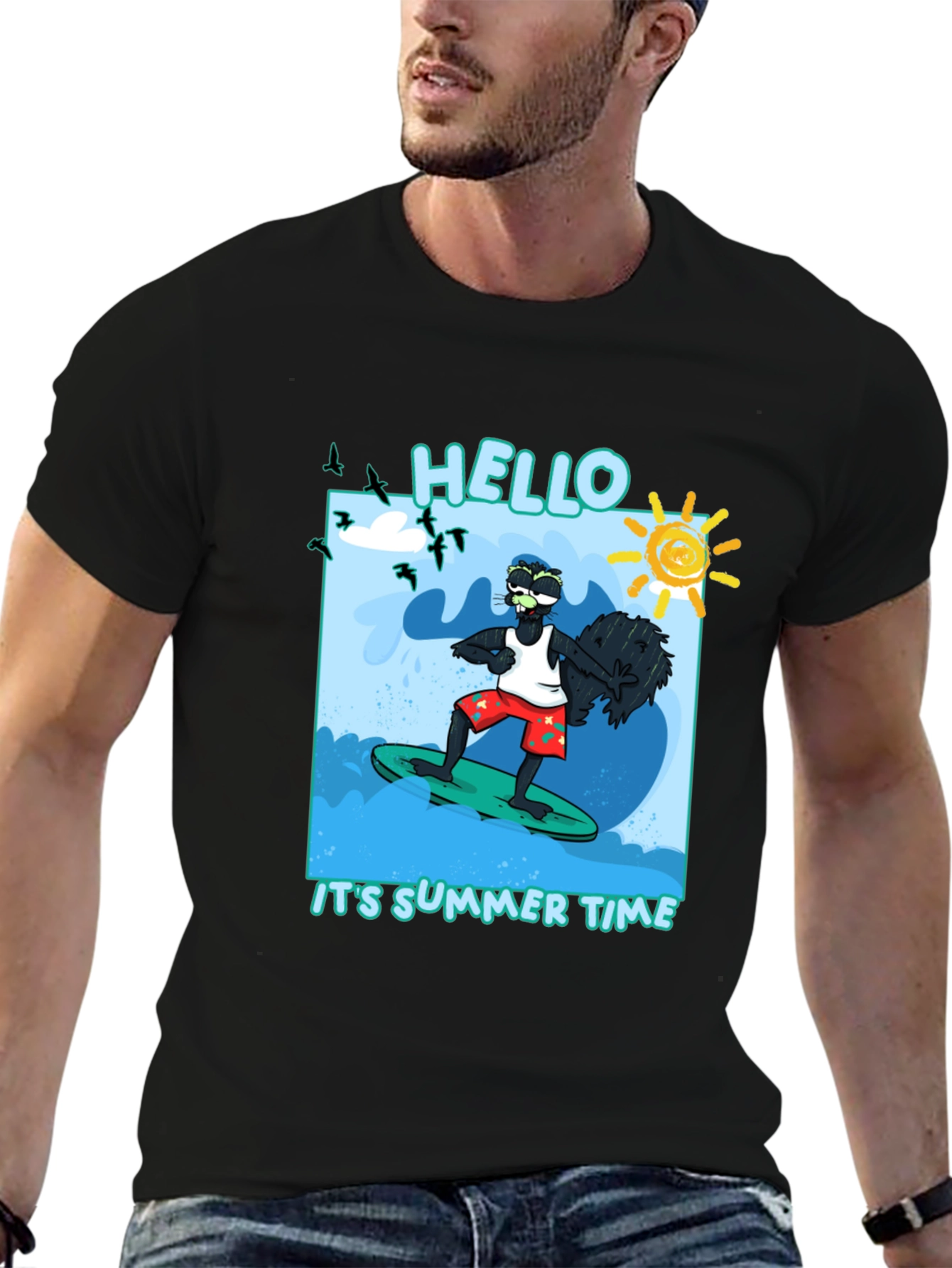 Summer Time Surfing Black T-Shirt