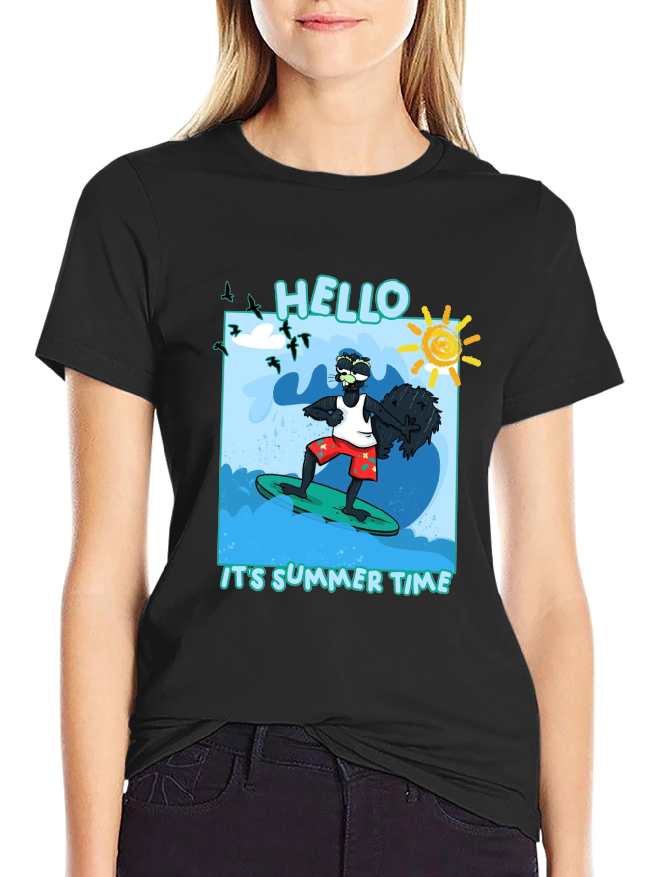 Summer Time Surfing Black T-Shirt