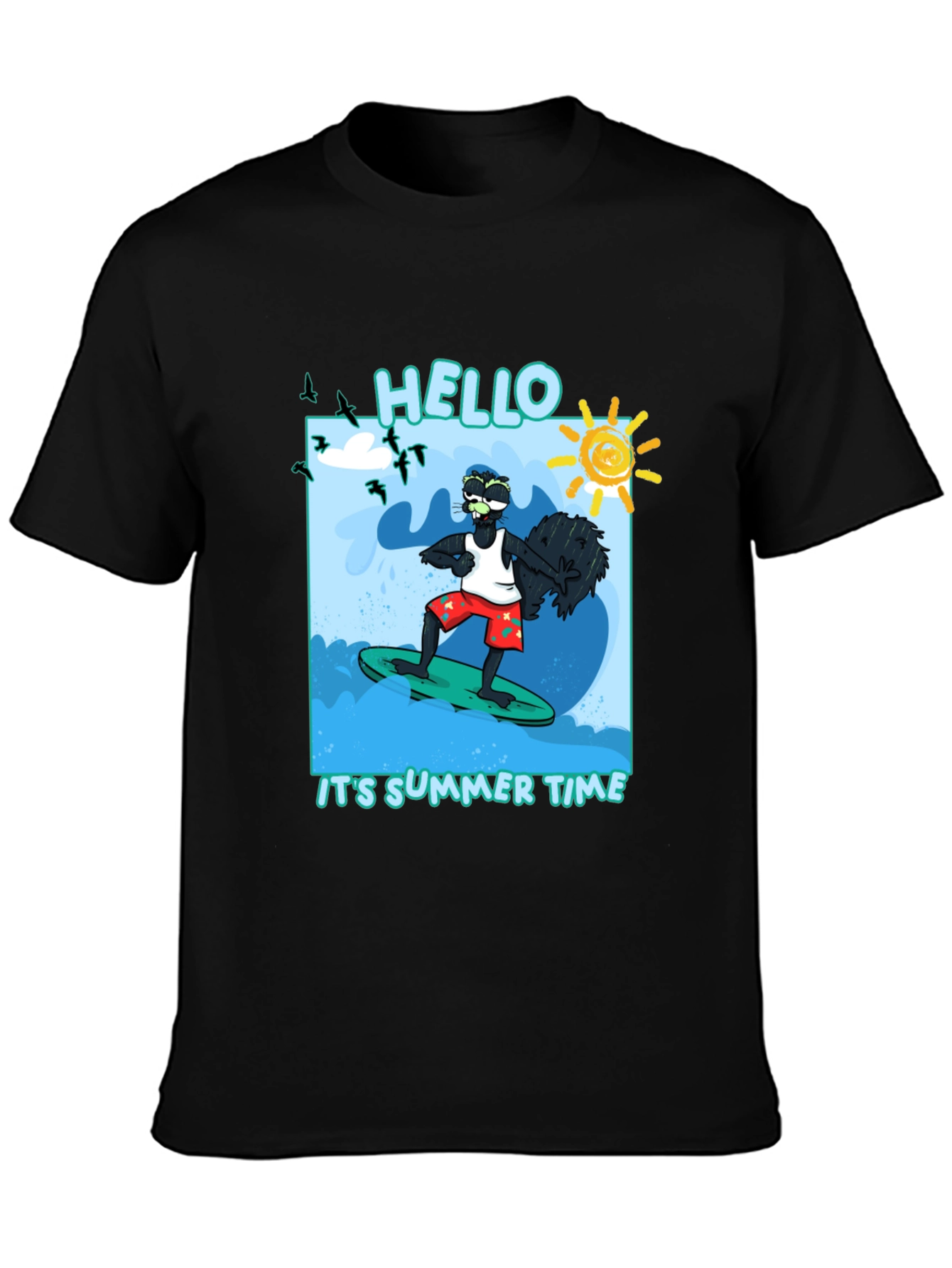 Summer Time Surfing Black T-Shirt
