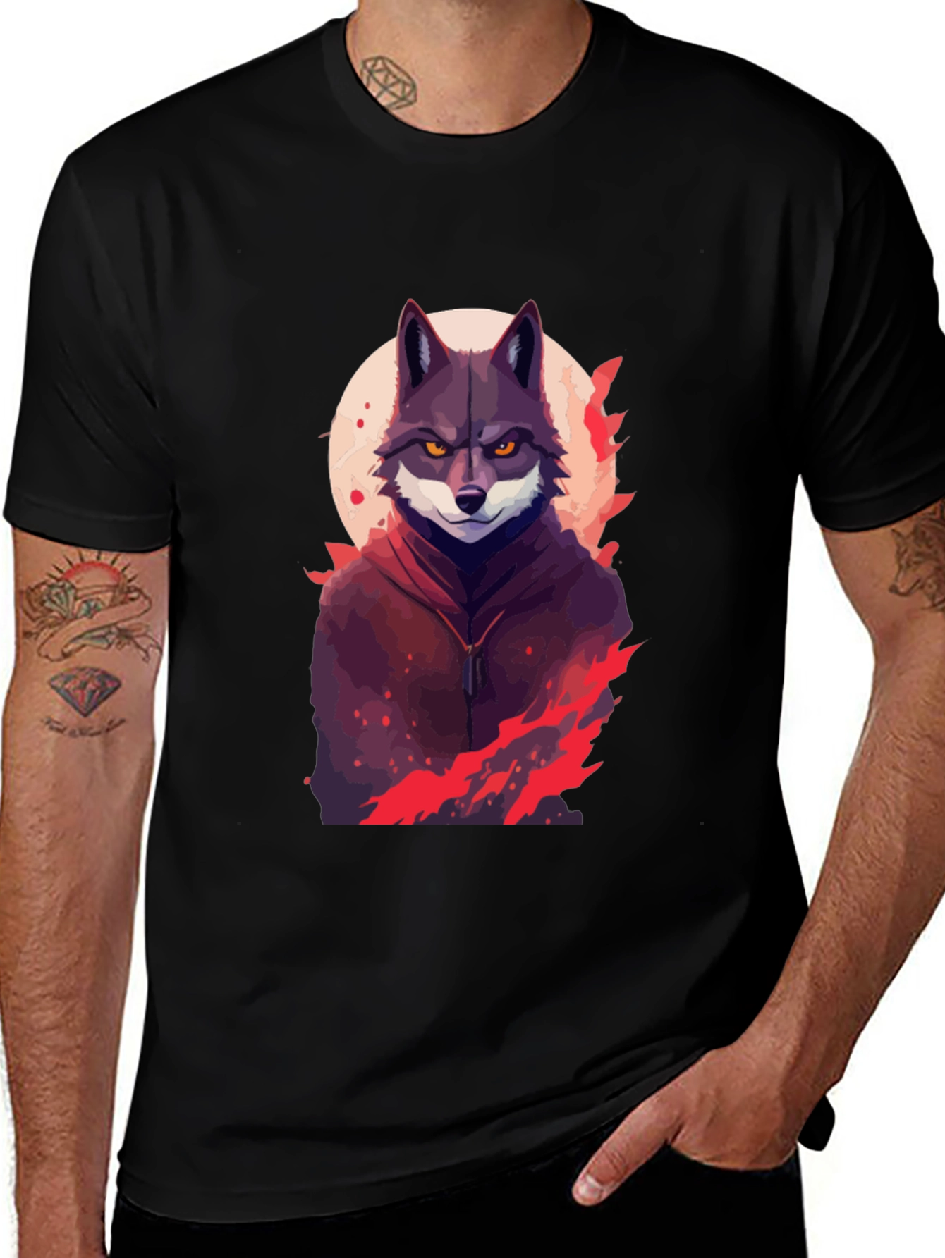 Wolf in Hoodie Graphic Black T-Shirt