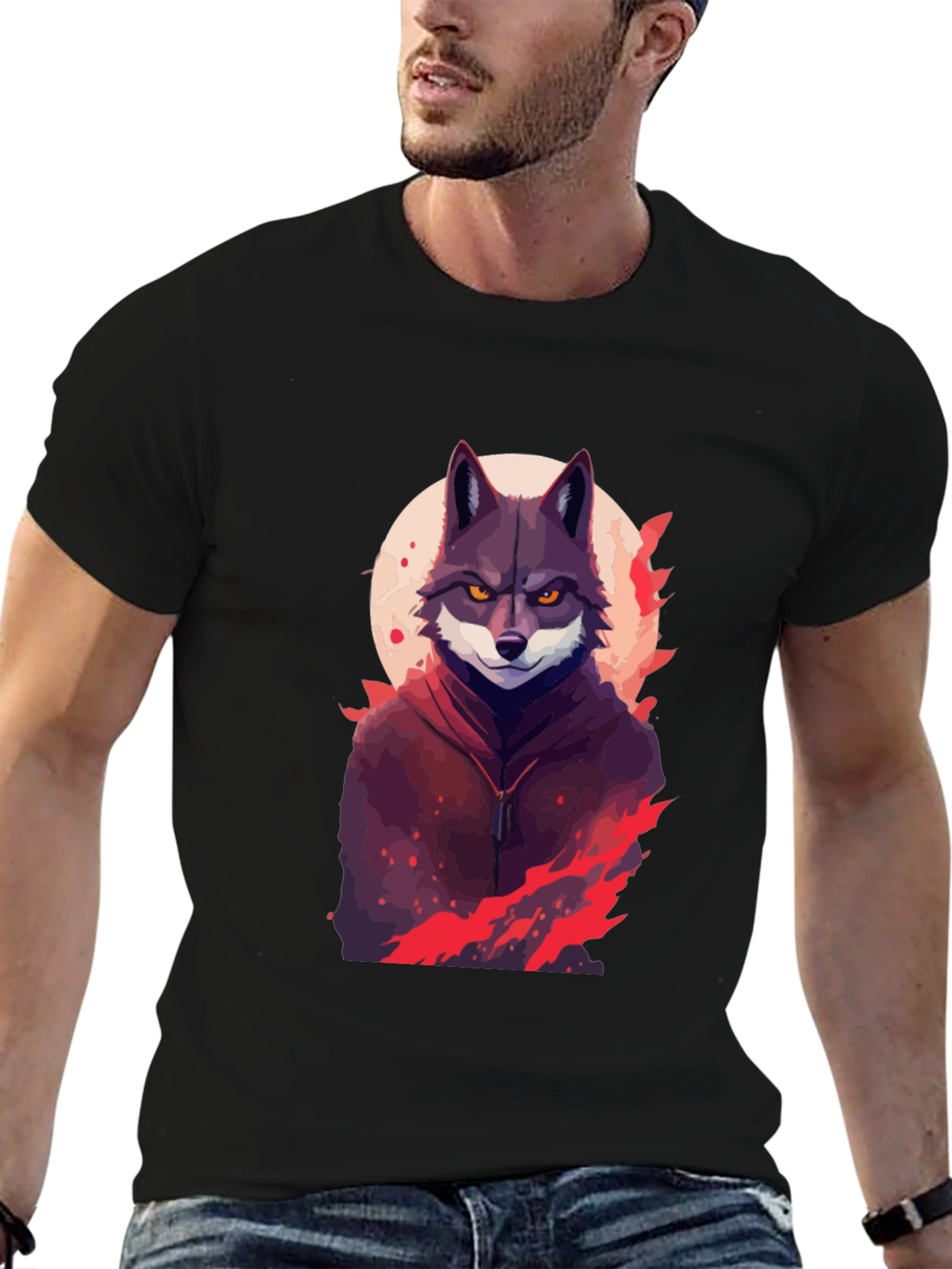 Wolf in Hoodie Graphic Black T-Shirt