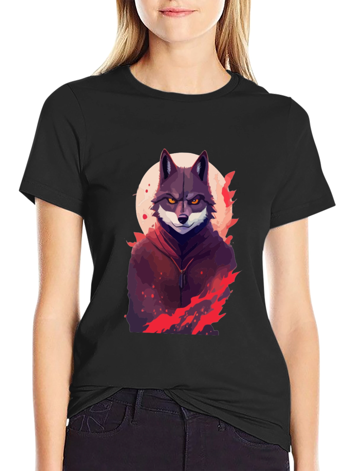 Wolf in Hoodie Graphic Black T-Shirt