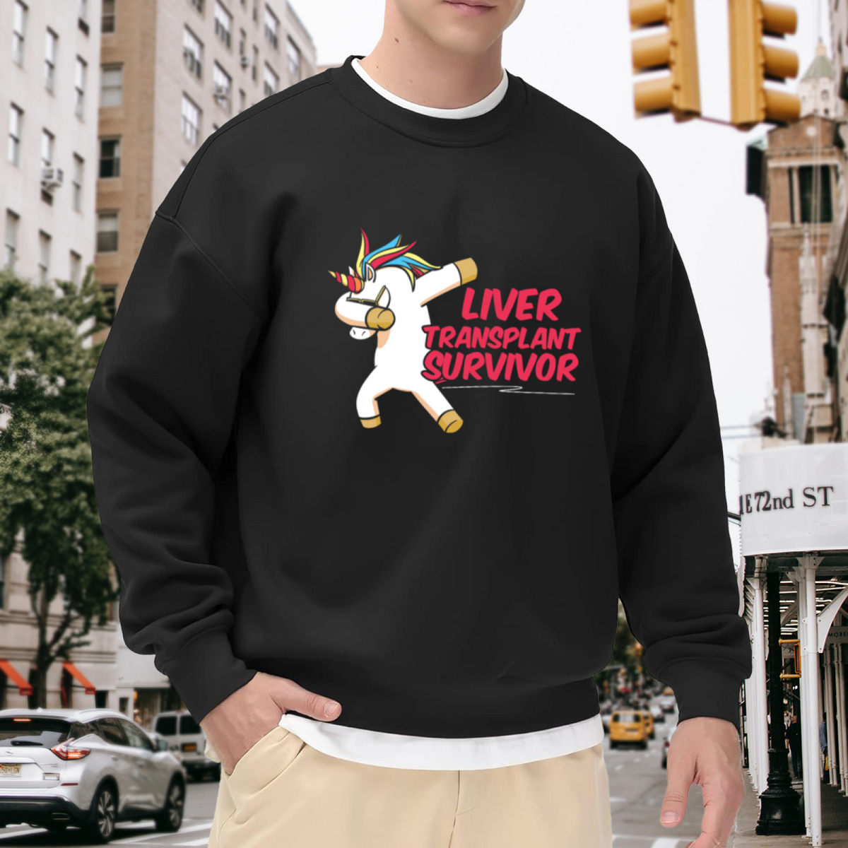 "LIVER TRANSPLANT SURVIVOR" Unicorn Dab Design - Crewneck Sweatshirt | Survivor, Medical, Funny Quote Gift