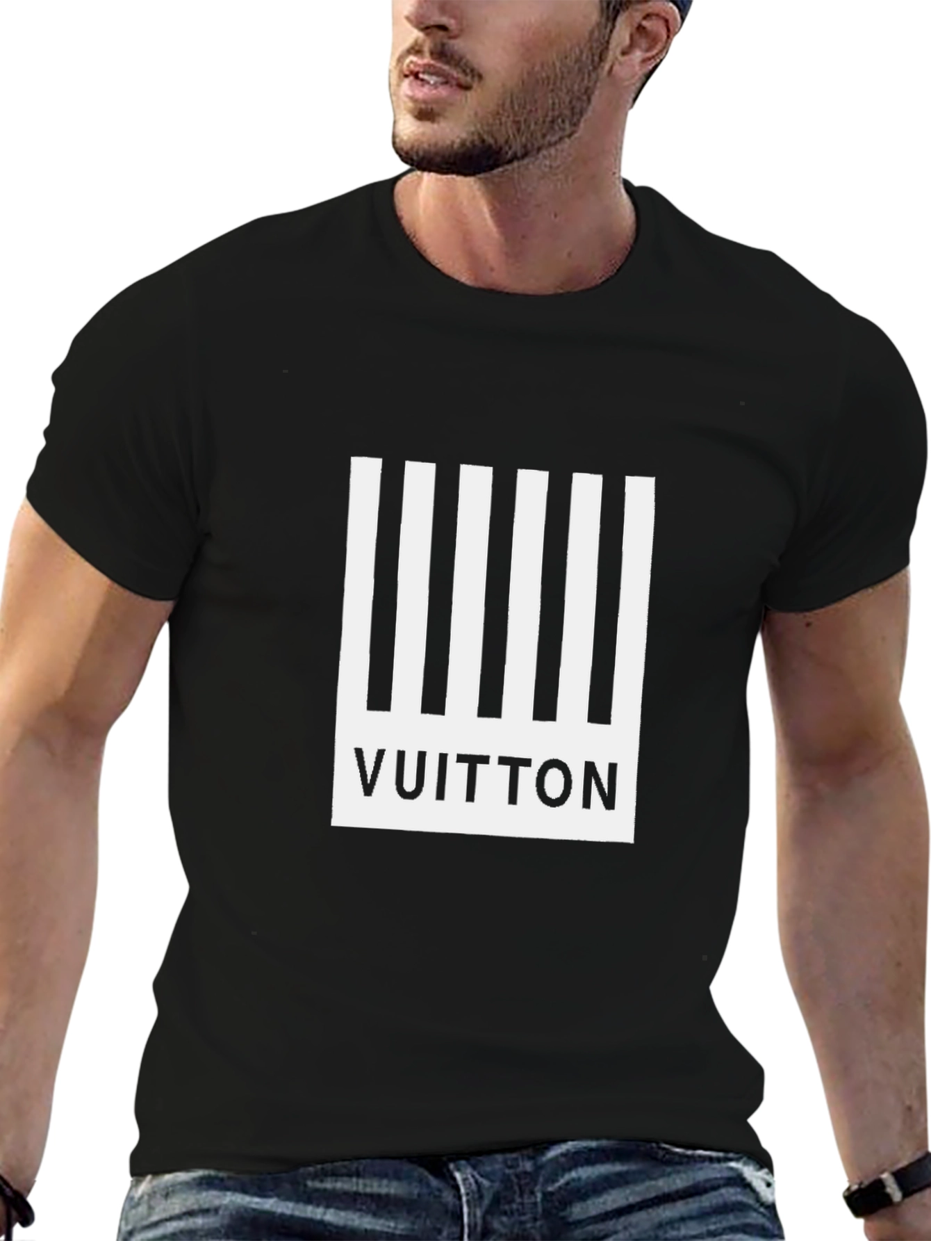 Mens Black Striped Vuitton Graphic T-Shirt