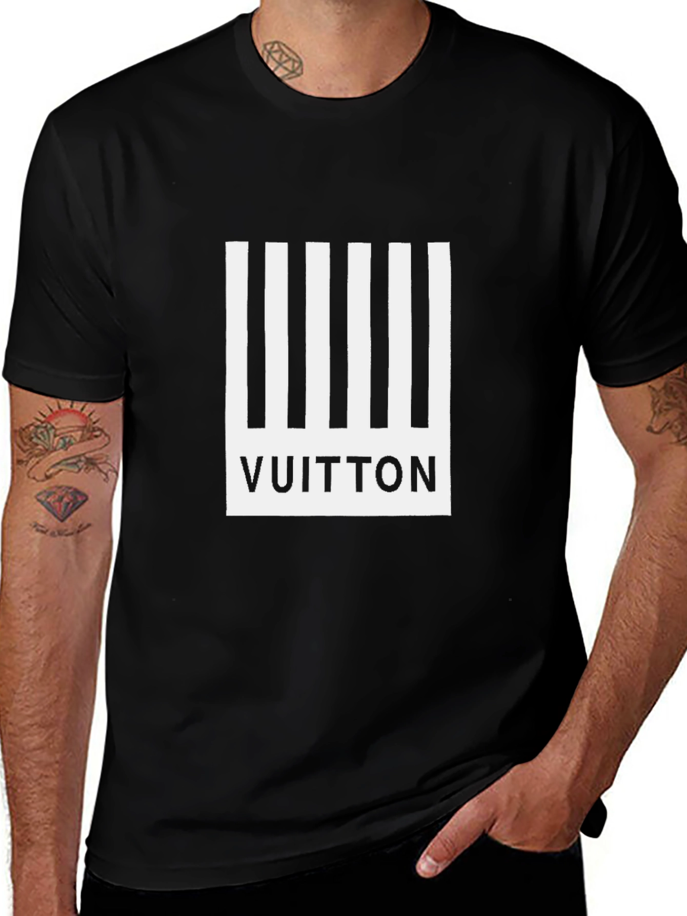 Mens Black Striped Vuitton Graphic T-Shirt